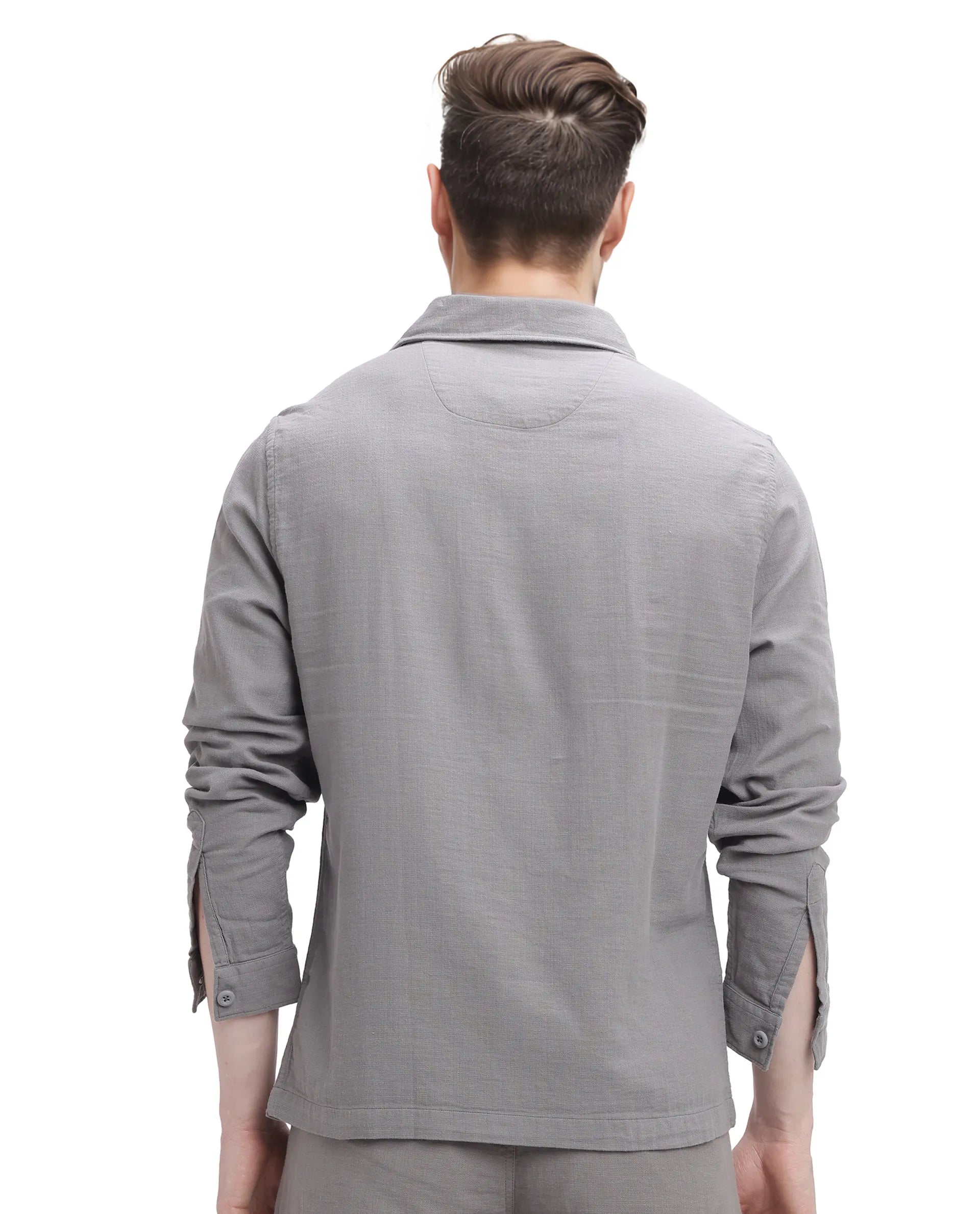 Rare Rabbit Men Prest Light Grey Knitted Jacquard Fabric Two Front Flap Pocket Full Sleeve Regular Fit Shirt