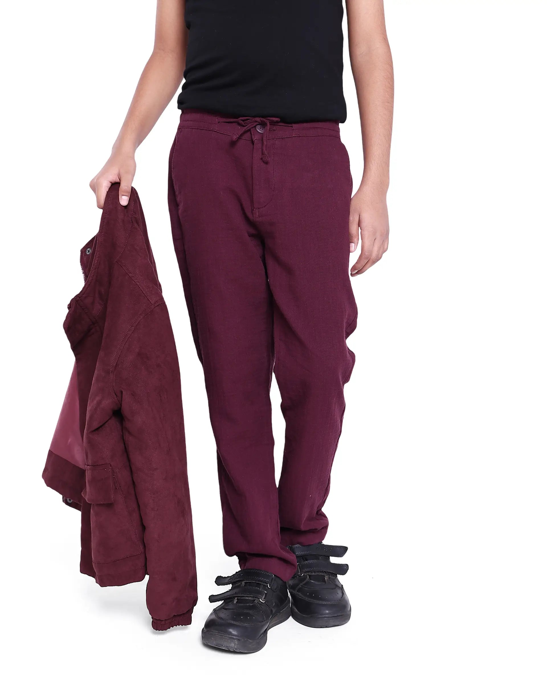 Rare Ones Kids Prest Maroon Cotton Regular Fit Solid Trouser