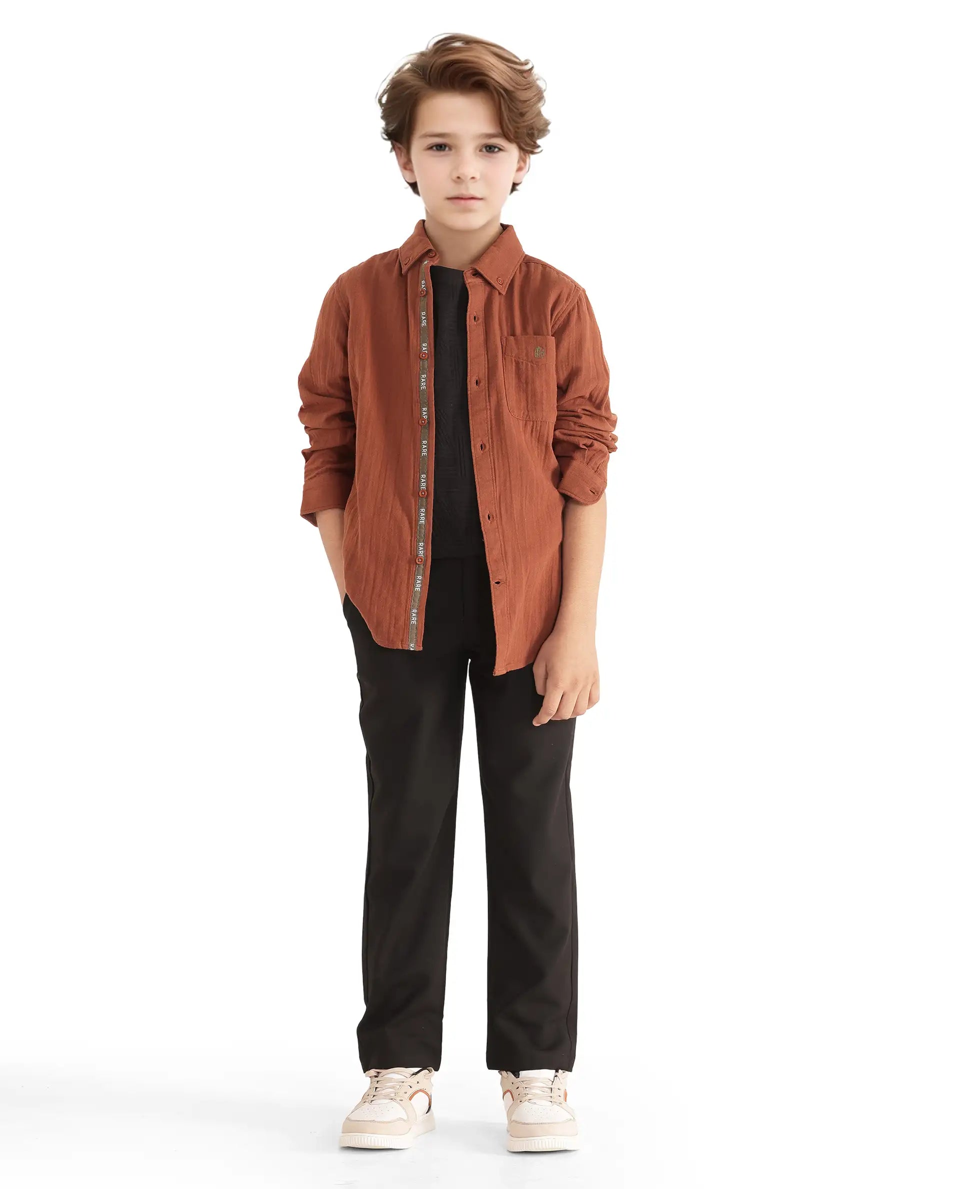 Rare Ones Kids Presto Brown Cotton Full Sleeve Regular Fit Button Down Solid Shirt