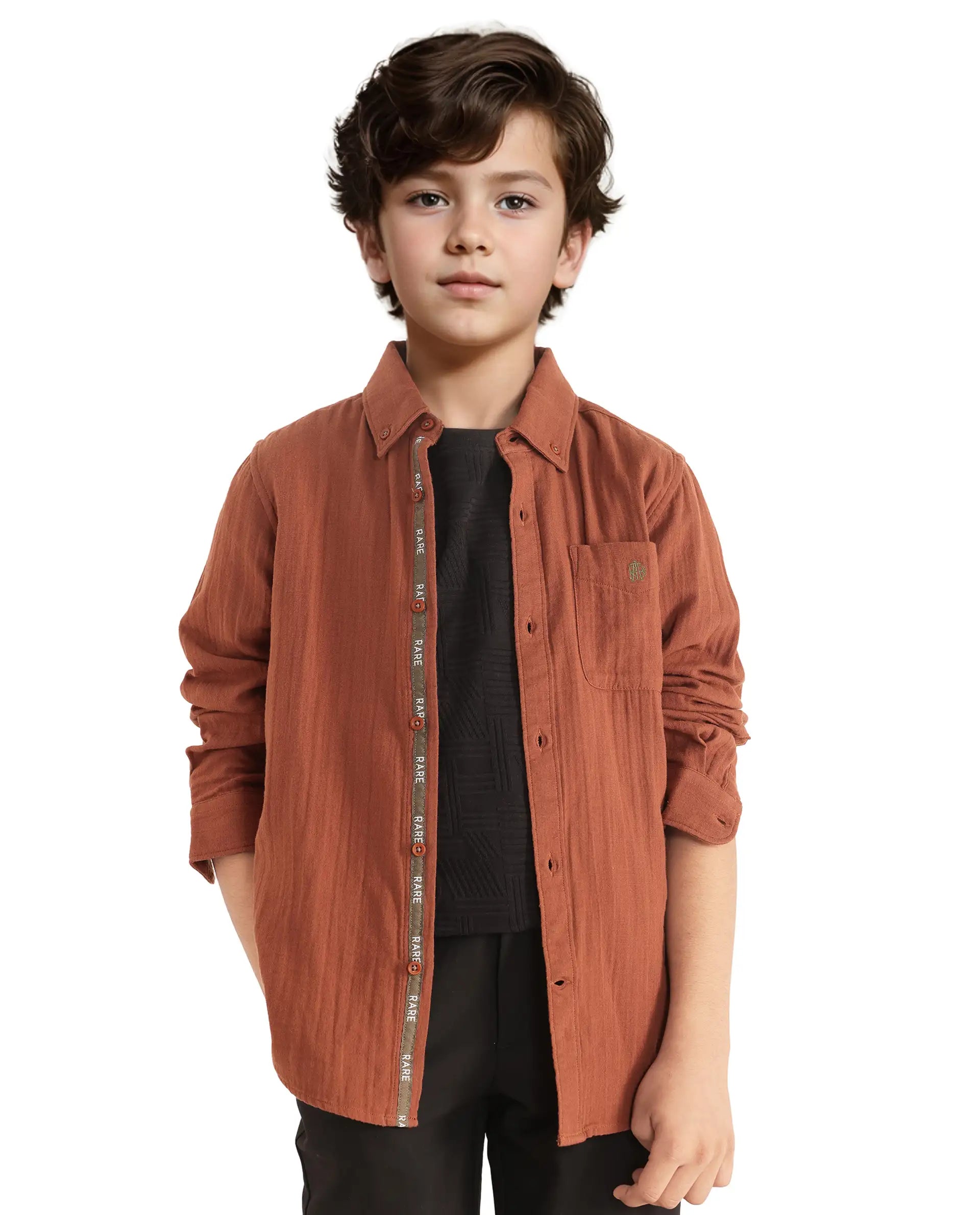 Rare Ones Kids Presto Brown Cotton Full Sleeve Regular Fit Button Down Solid Shirt
