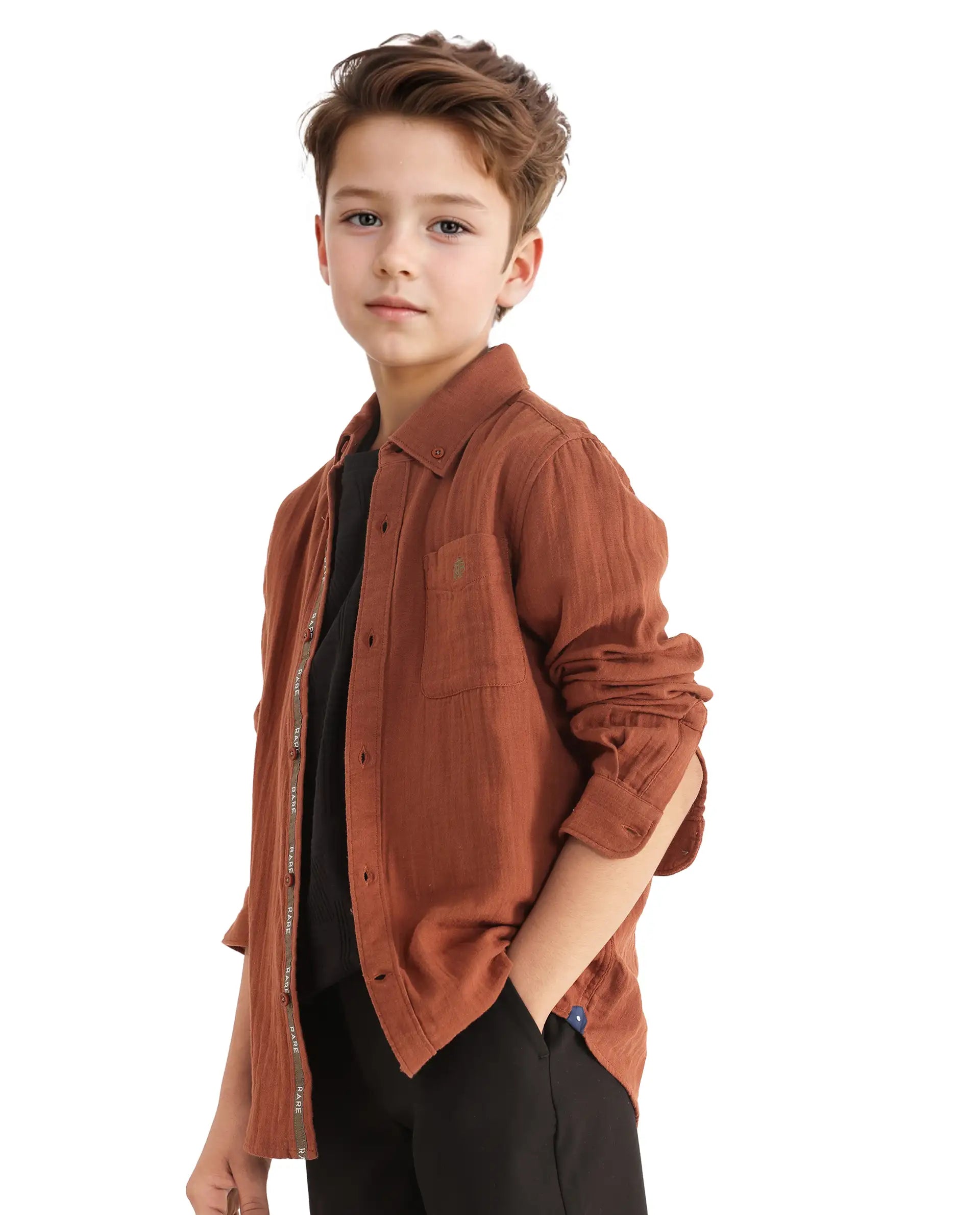 Rare Ones Kids Presto Brown Cotton Full Sleeve Regular Fit Button Down Solid Shirt
