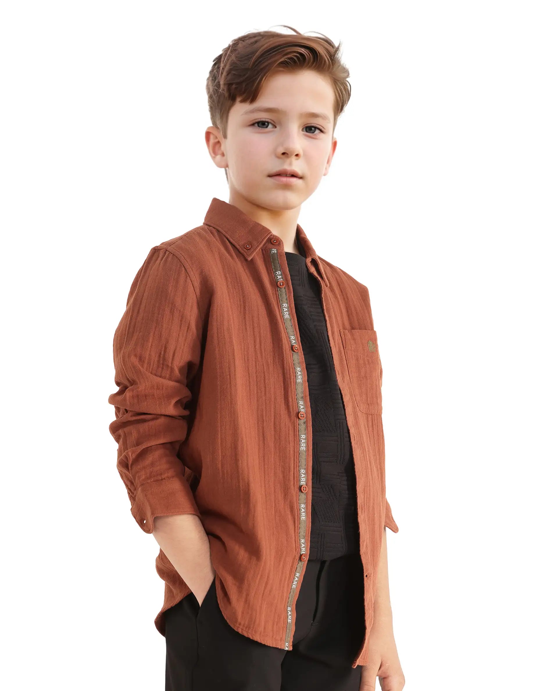 Rare Ones Kids Presto Brown Cotton Full Sleeve Regular Fit Button Down Solid Shirt