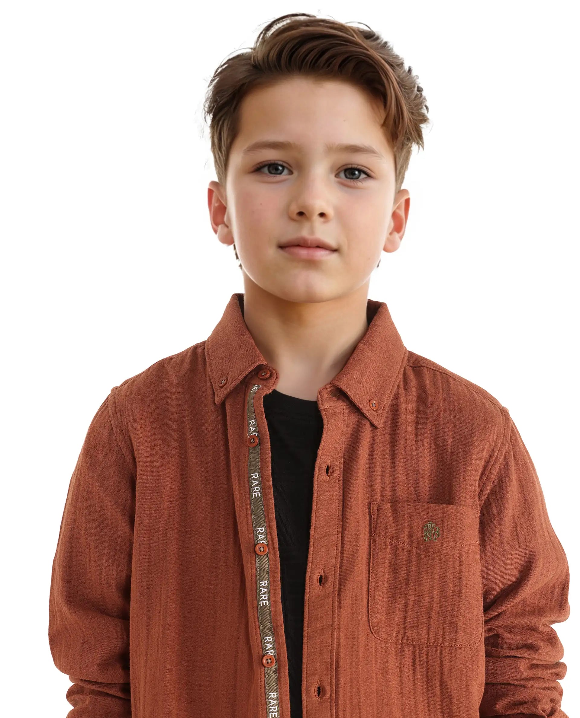 Rare Ones Kids Presto Brown Cotton Full Sleeve Regular Fit Button Down Solid Shirt
