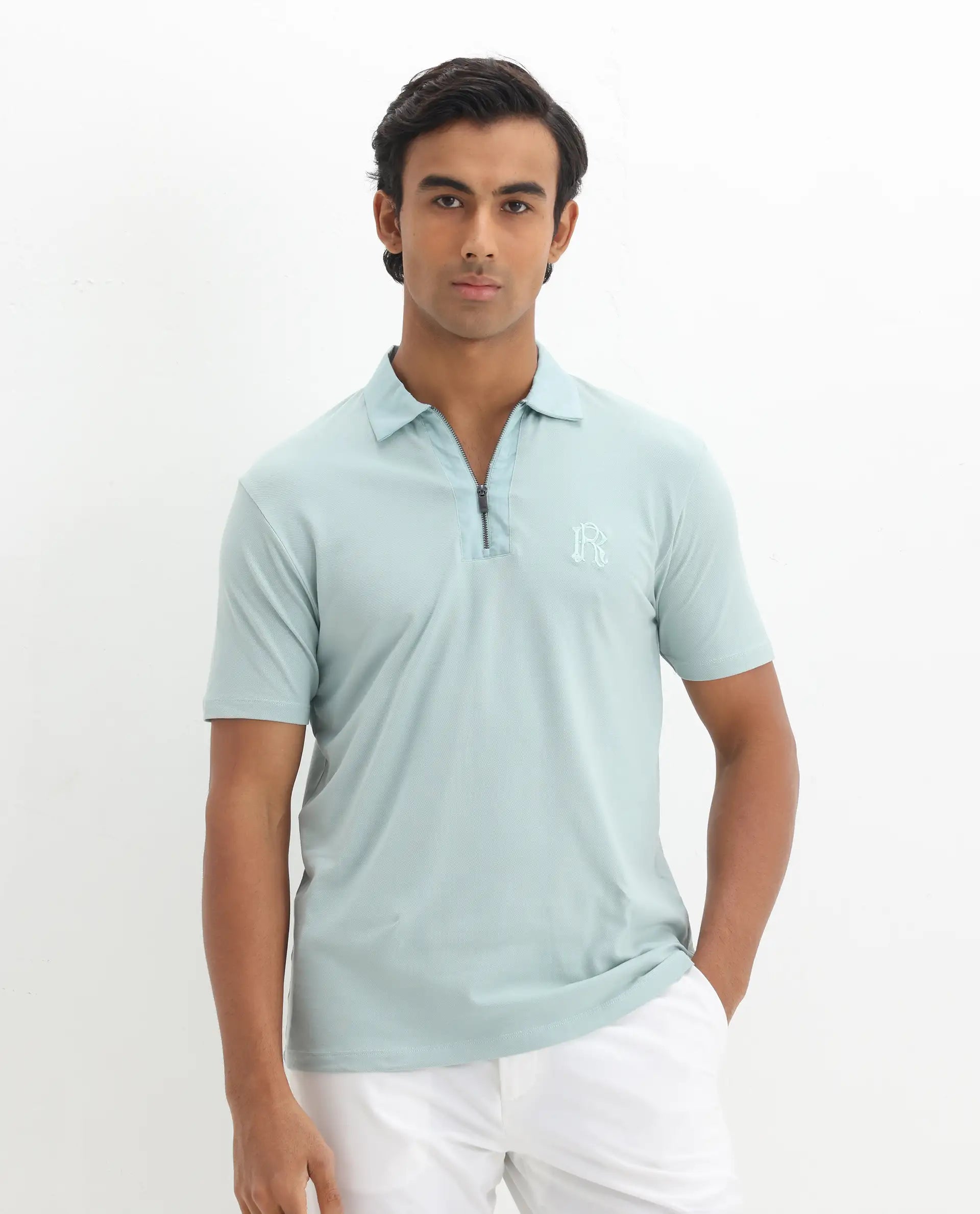 Rare Rabbit Men's Presto Light Blue Cotton Embroidered Regular Fit Half Sleeve Polo