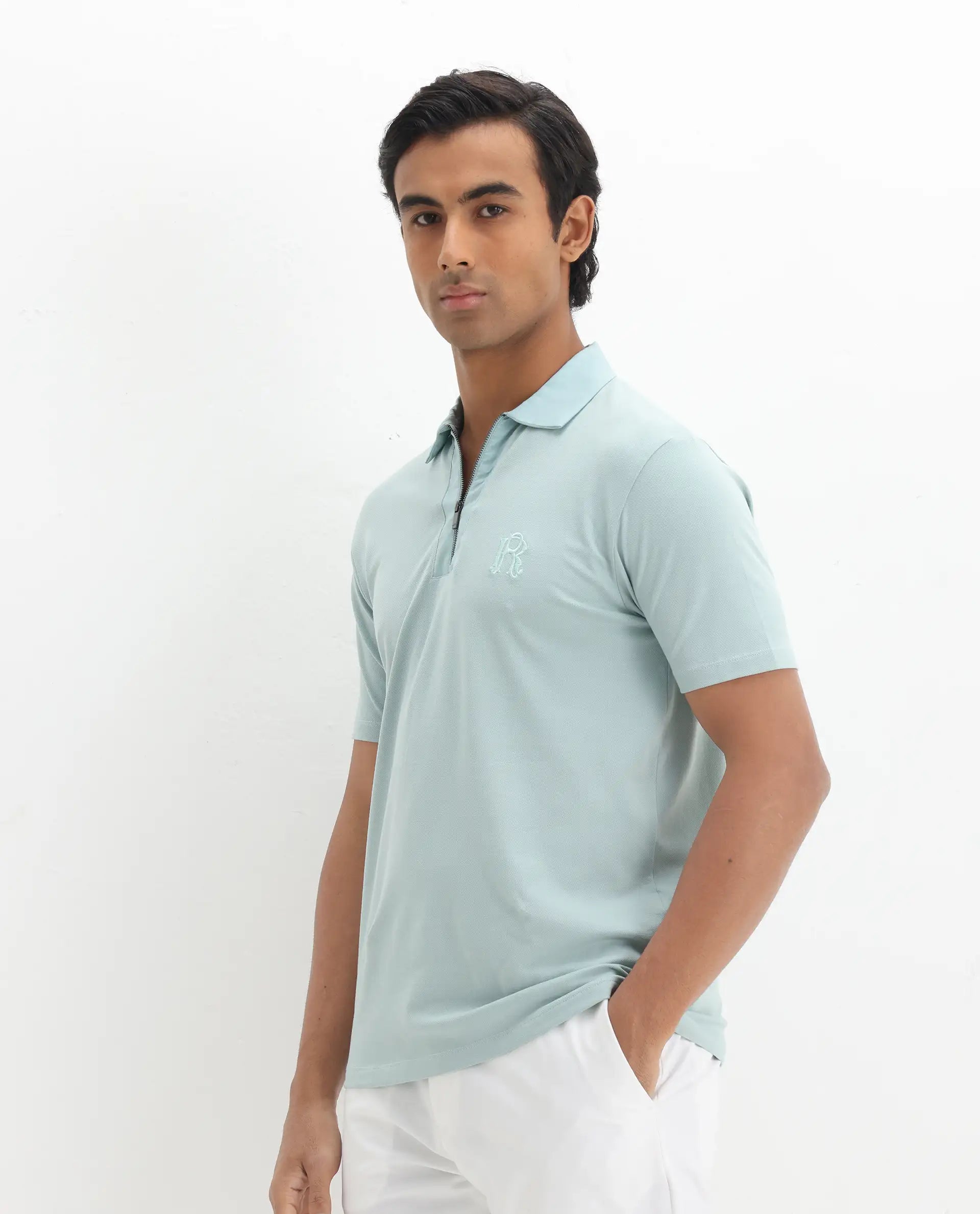 Rare Rabbit Men's Presto Light Blue Cotton Embroidered Regular Fit Half Sleeve Polo