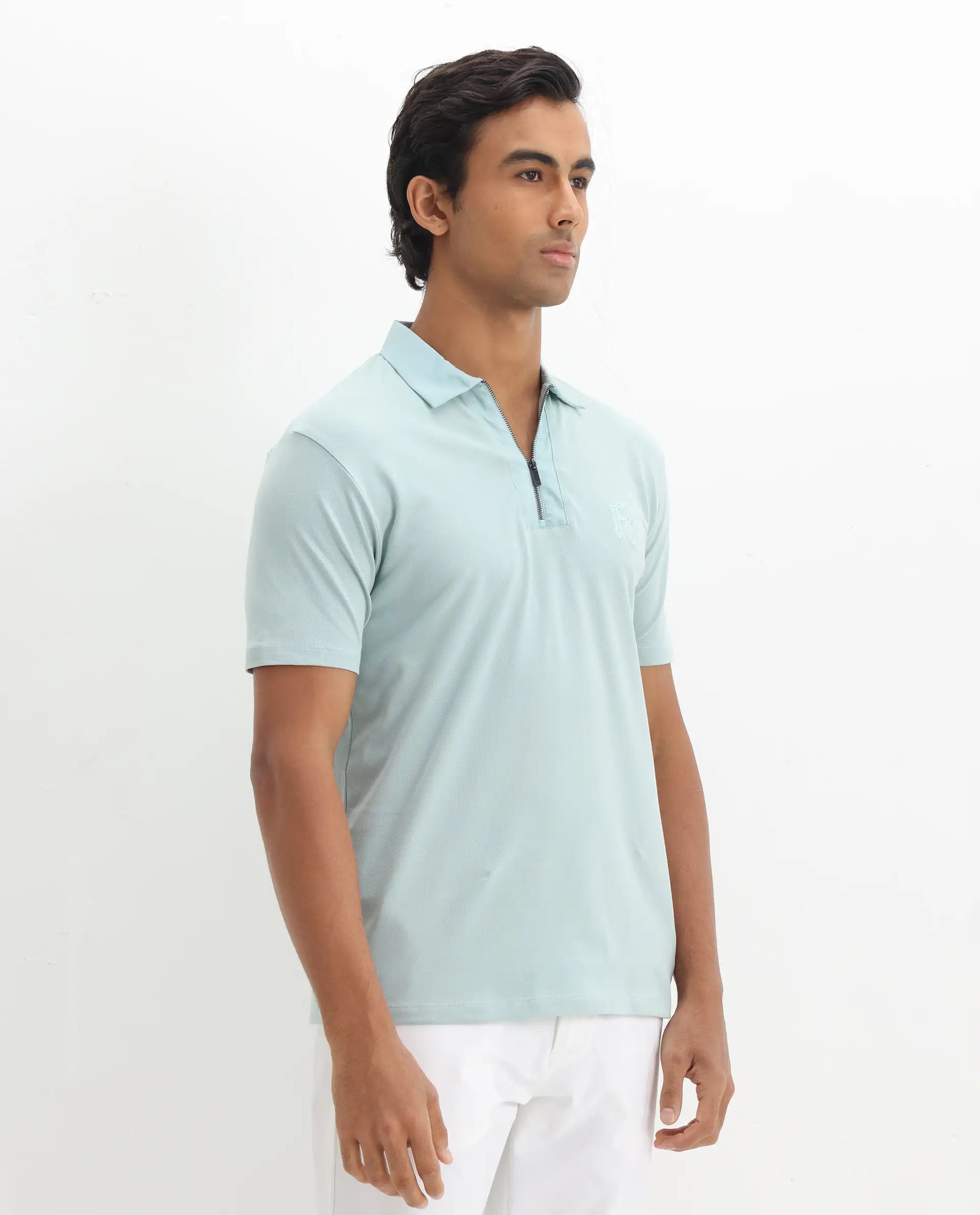 Rare Rabbit Men's Presto Light Blue Cotton Embroidered Regular Fit Half Sleeve Polo