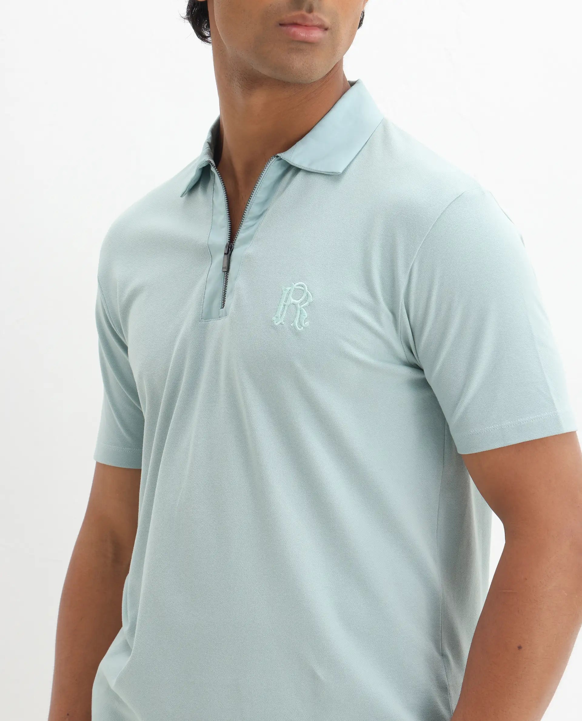 Rare Rabbit Men's Presto Light Blue Cotton Embroidered Regular Fit Half Sleeve Polo
