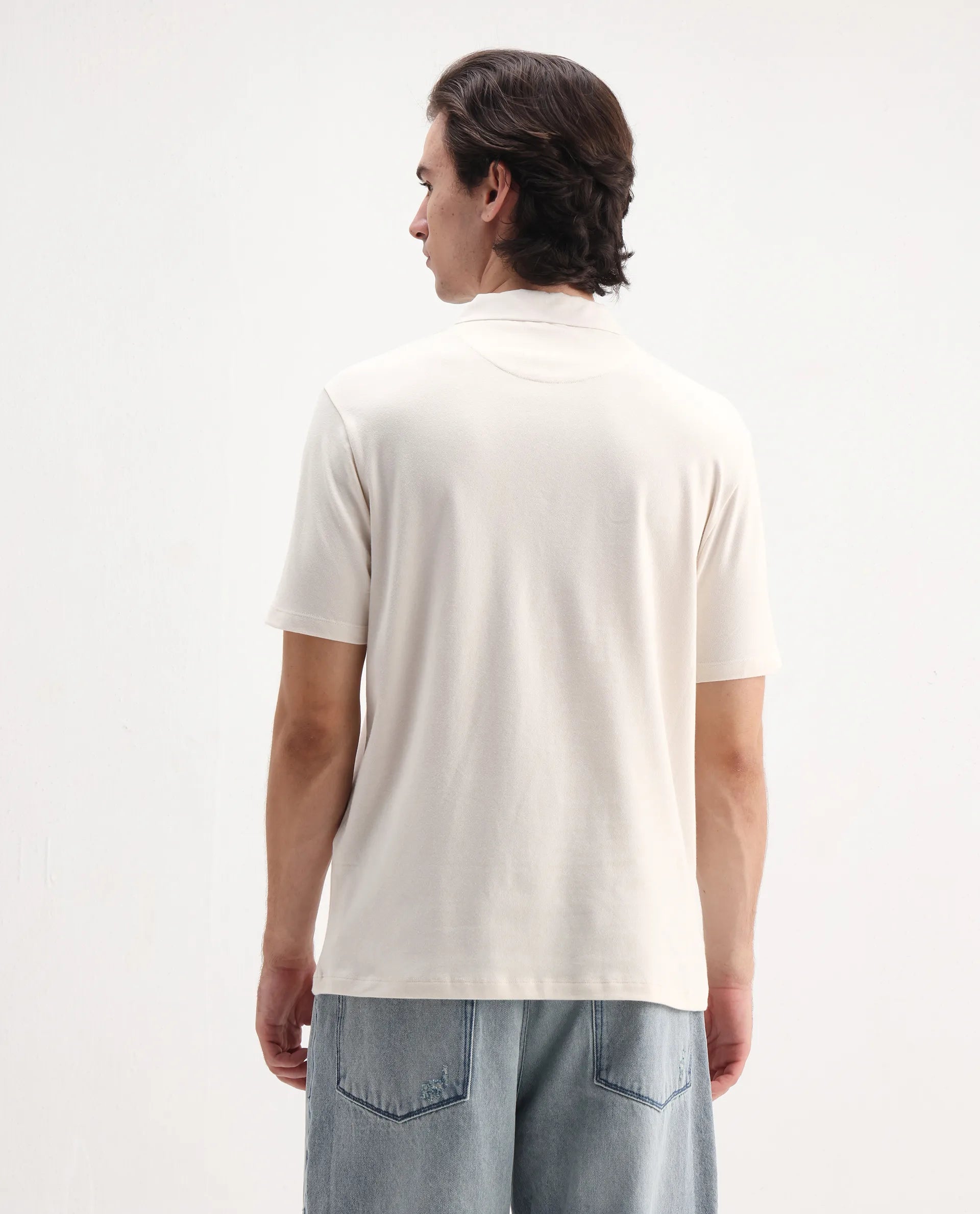 Rare Rabbit Men's Presto Off White Cotton Plain Regular Fit Half Sleeve Polo