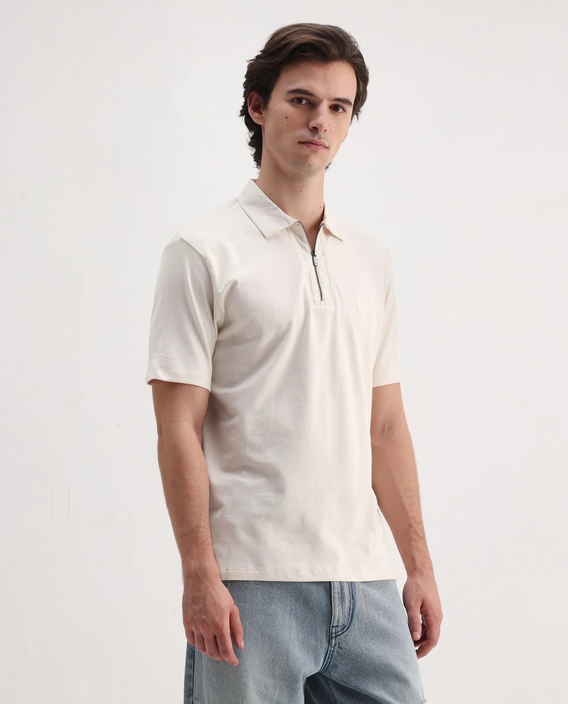 Rare Rabbit Men's Presto Off White Cotton Plain Regular Fit Half Sleeve Polo