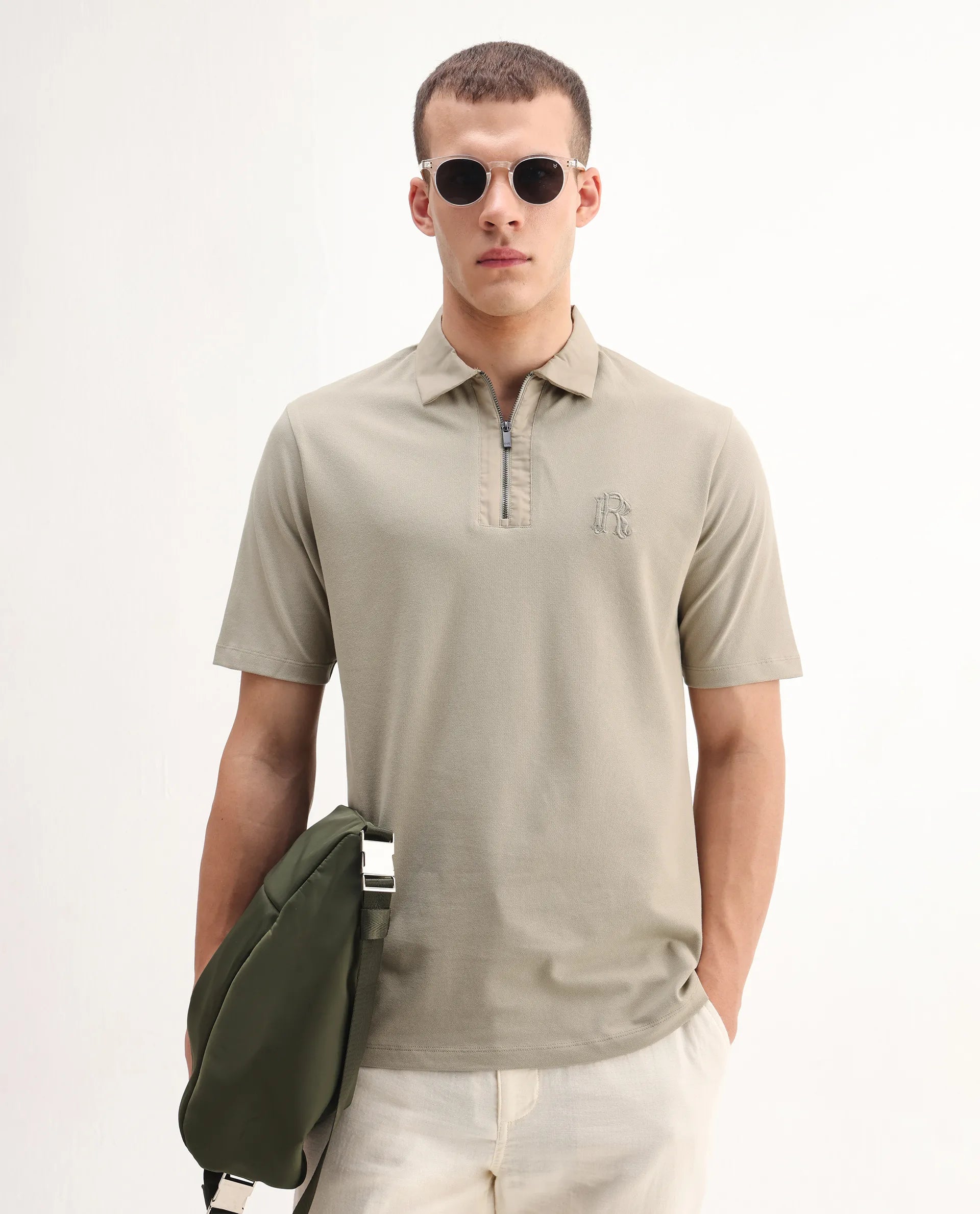 Rare Rabbit Men's Presto Pastel Green Cotton Embroidered Regular Fit Half Sleeve Polo