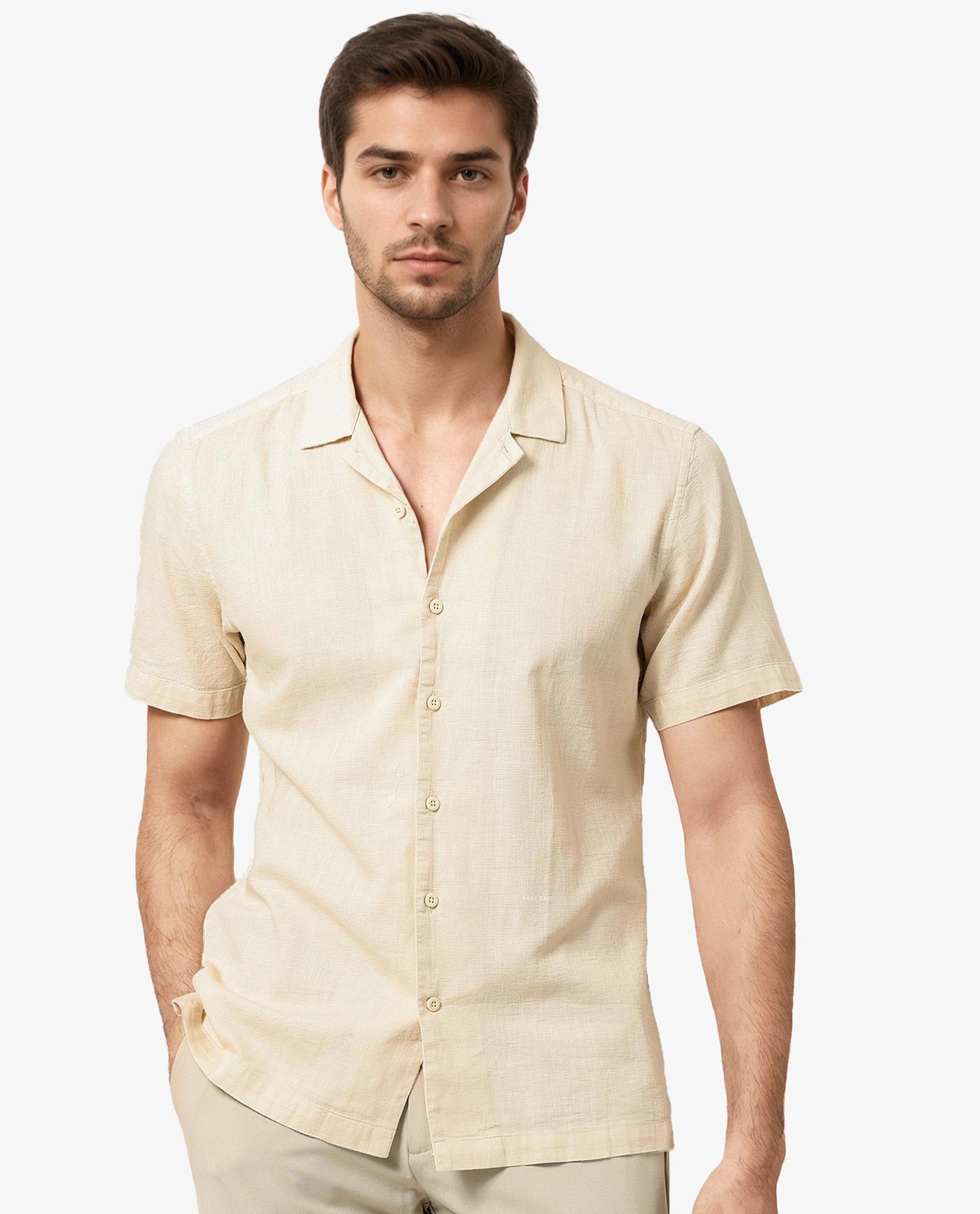 Rare Rabbit Men's Prestos Beige Structured Dobby Cotton Fabric Cuban Collar Half Sleeves Shirt