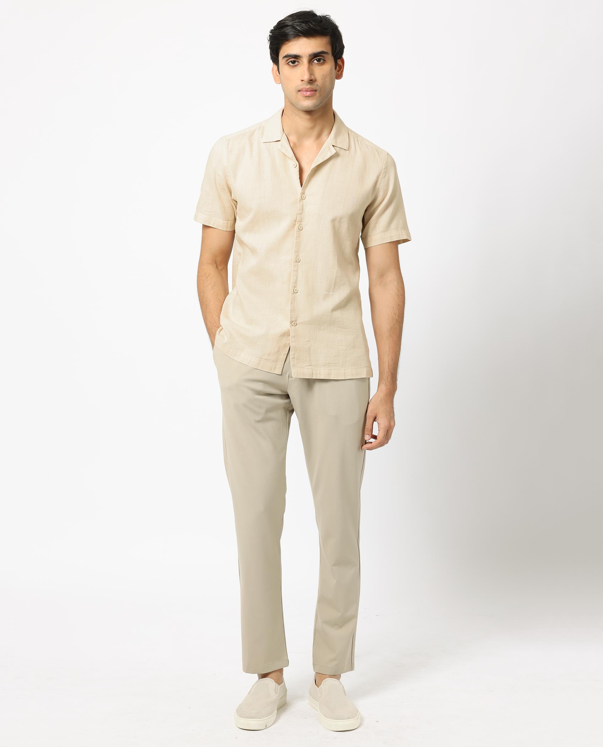 Rare Rabbit Men's Prestos Beige Structured Dobby Cotton Fabric Cuban Collar Half Sleeves Shirt