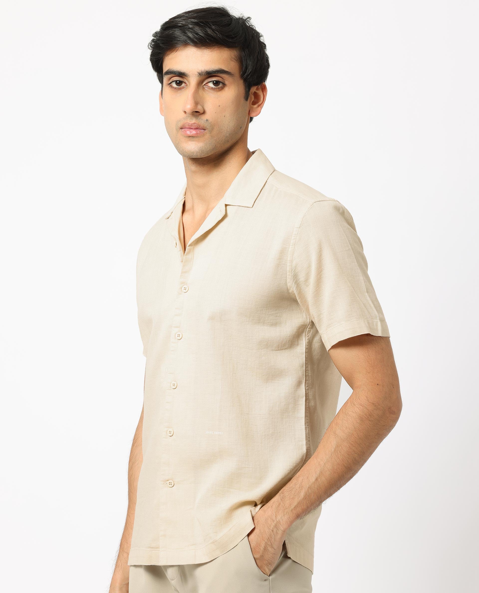 Rare Rabbit Men's Prestos Beige Structured Dobby Cotton Fabric Cuban Collar Half Sleeves Shirt