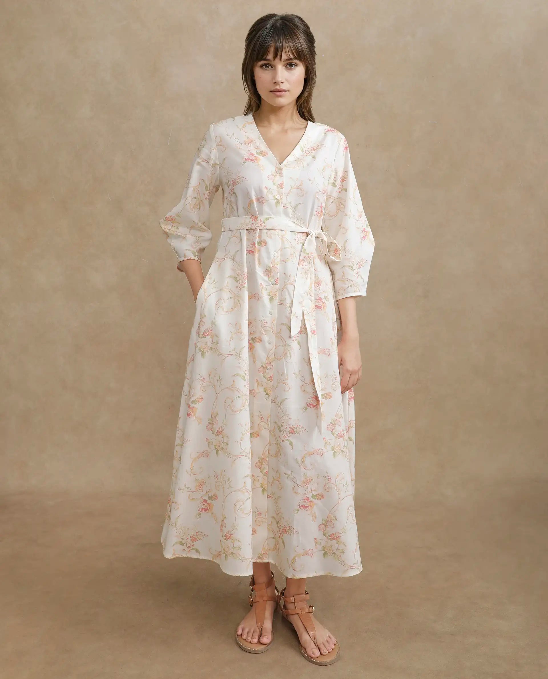 Rareism Women's Preu White Cotton V-Neck Floral Print Balloon Sleeve Midi Straight Fit Dress