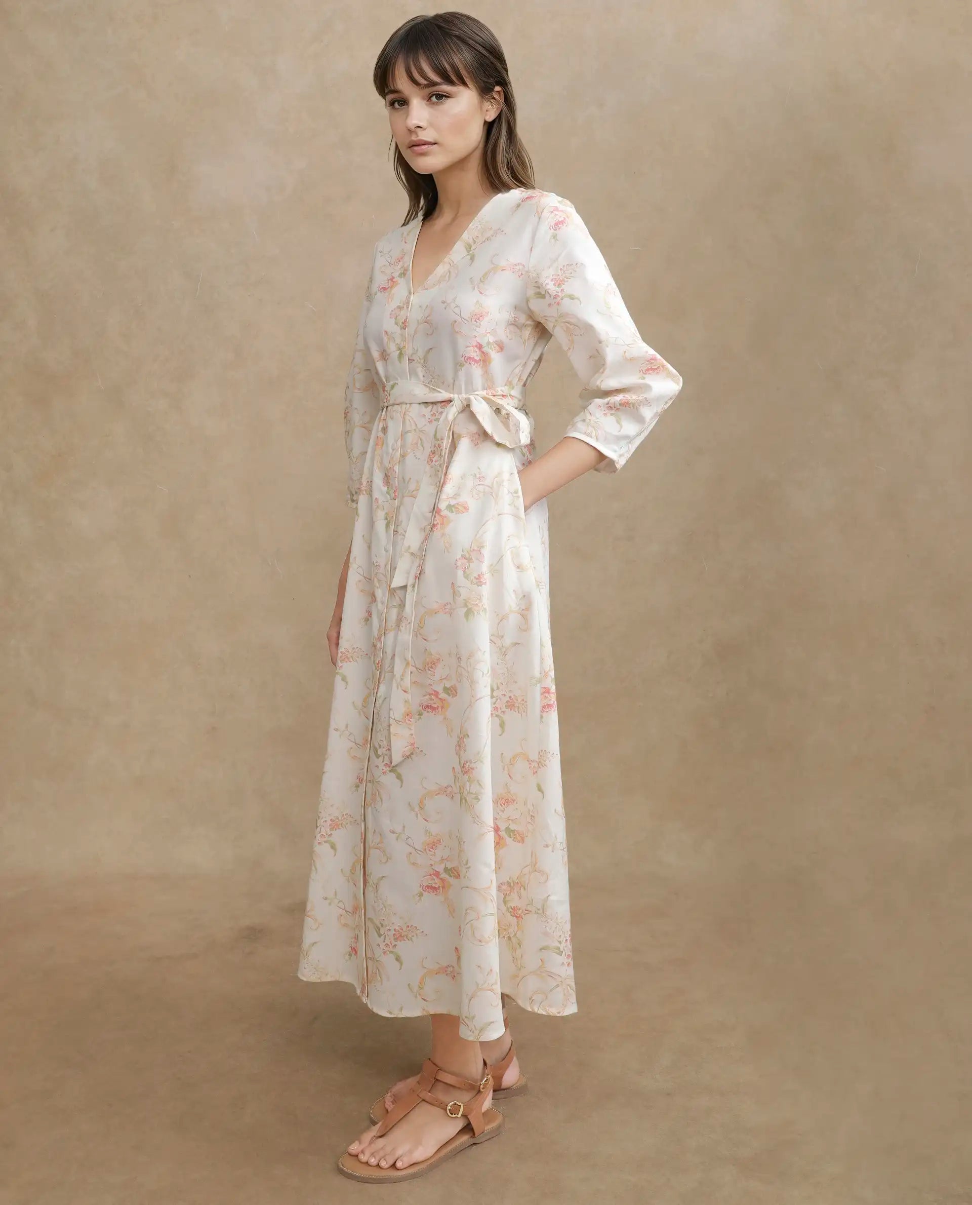 Rareism Women's Preu White Cotton V-Neck Floral Print Balloon Sleeve Midi Straight Fit Dress