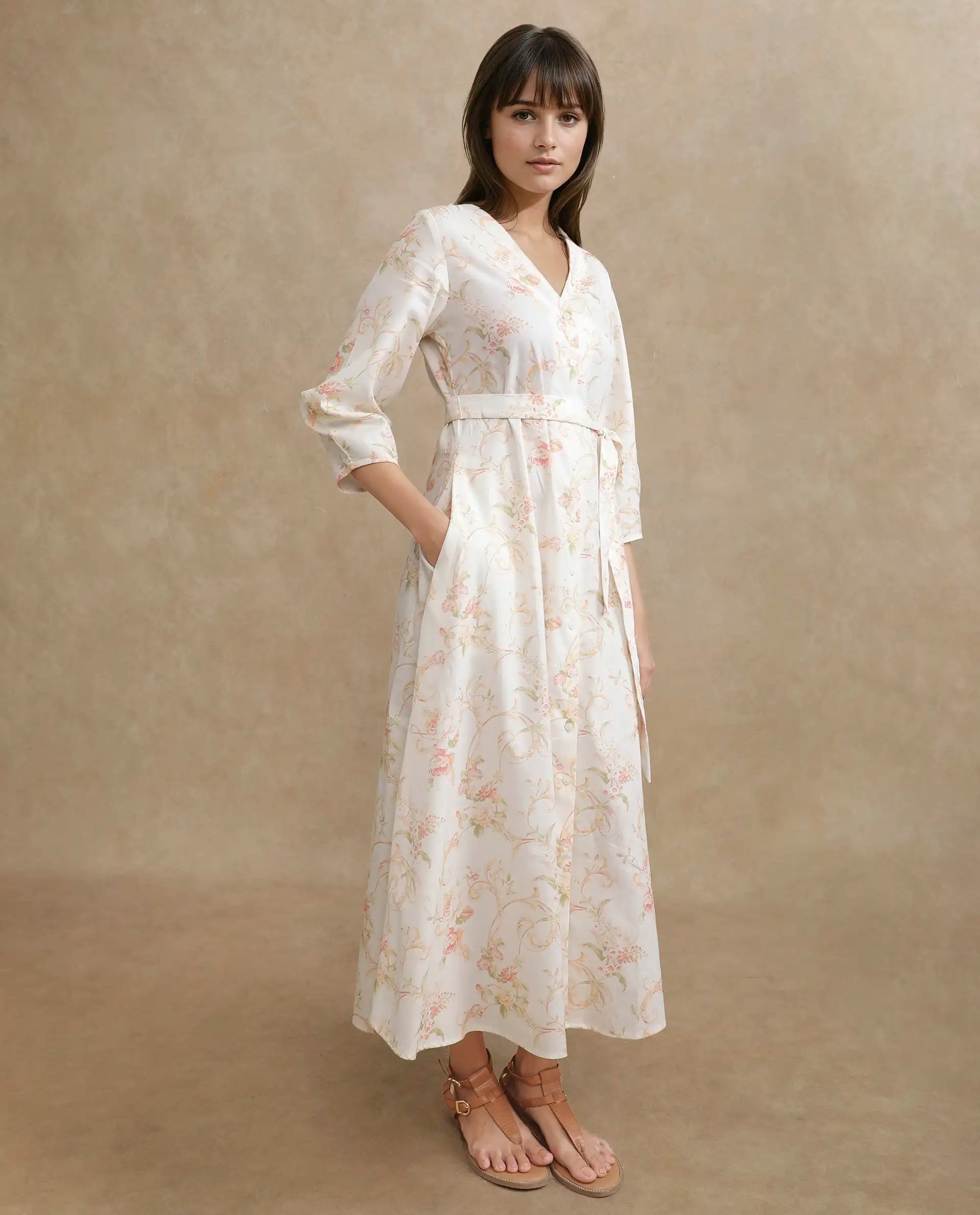 Rareism Women's Preu White Cotton V-Neck Floral Print Balloon Sleeve Midi Straight Fit Dress