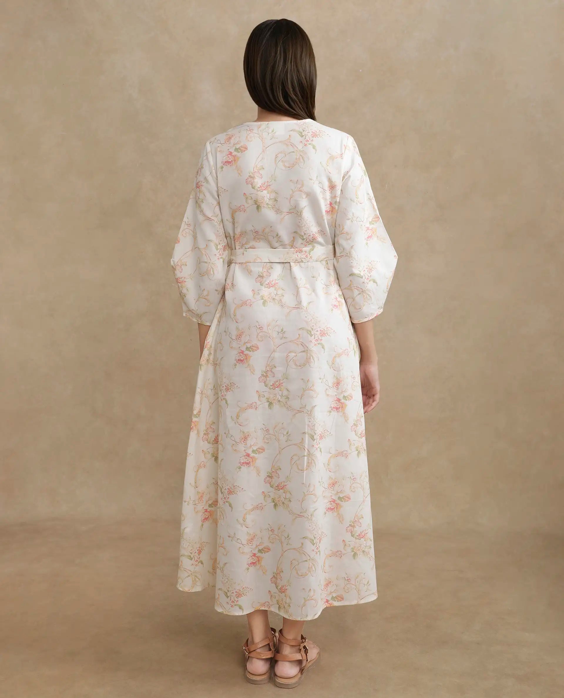 Rareism Women's Preu White Cotton V-Neck Floral Print Balloon Sleeve Midi Straight Fit Dress