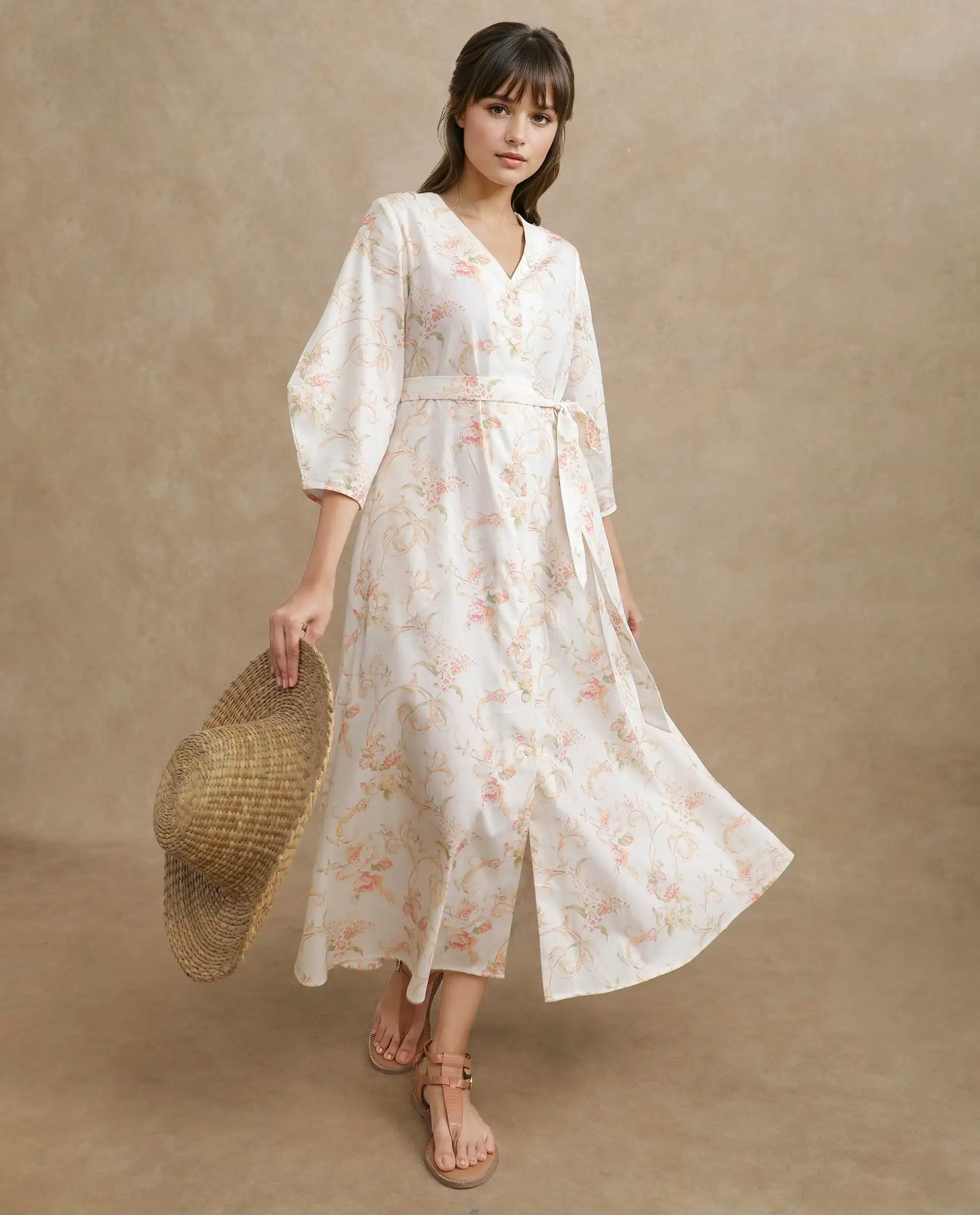 Rareism Women's Preu White Cotton V-Neck Floral Print Balloon Sleeve Midi Straight Fit Dress