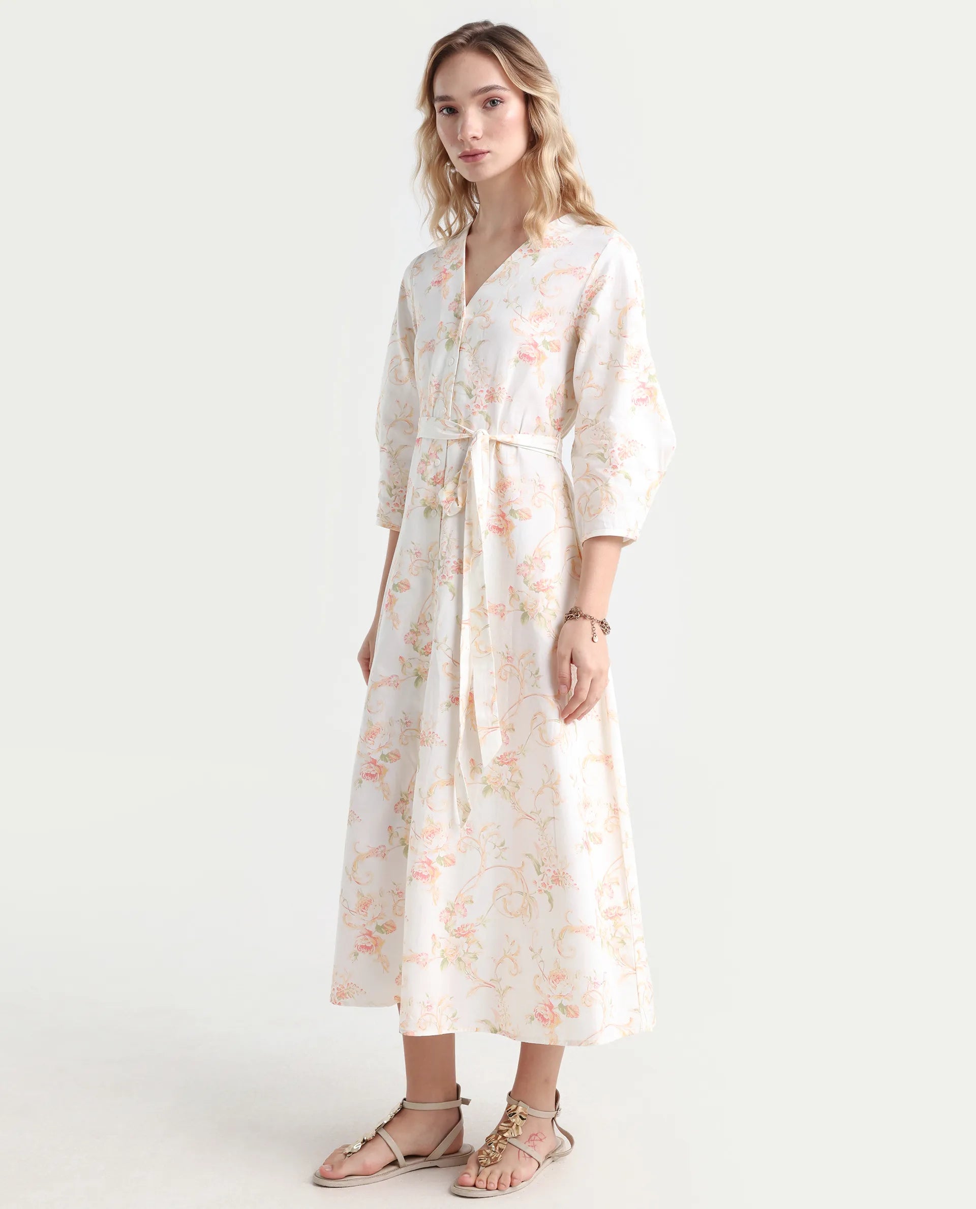 Rareism Women's Preu White Cotton V-Neck Floral Print Balloon Sleeve Midi Straight Fit Dress