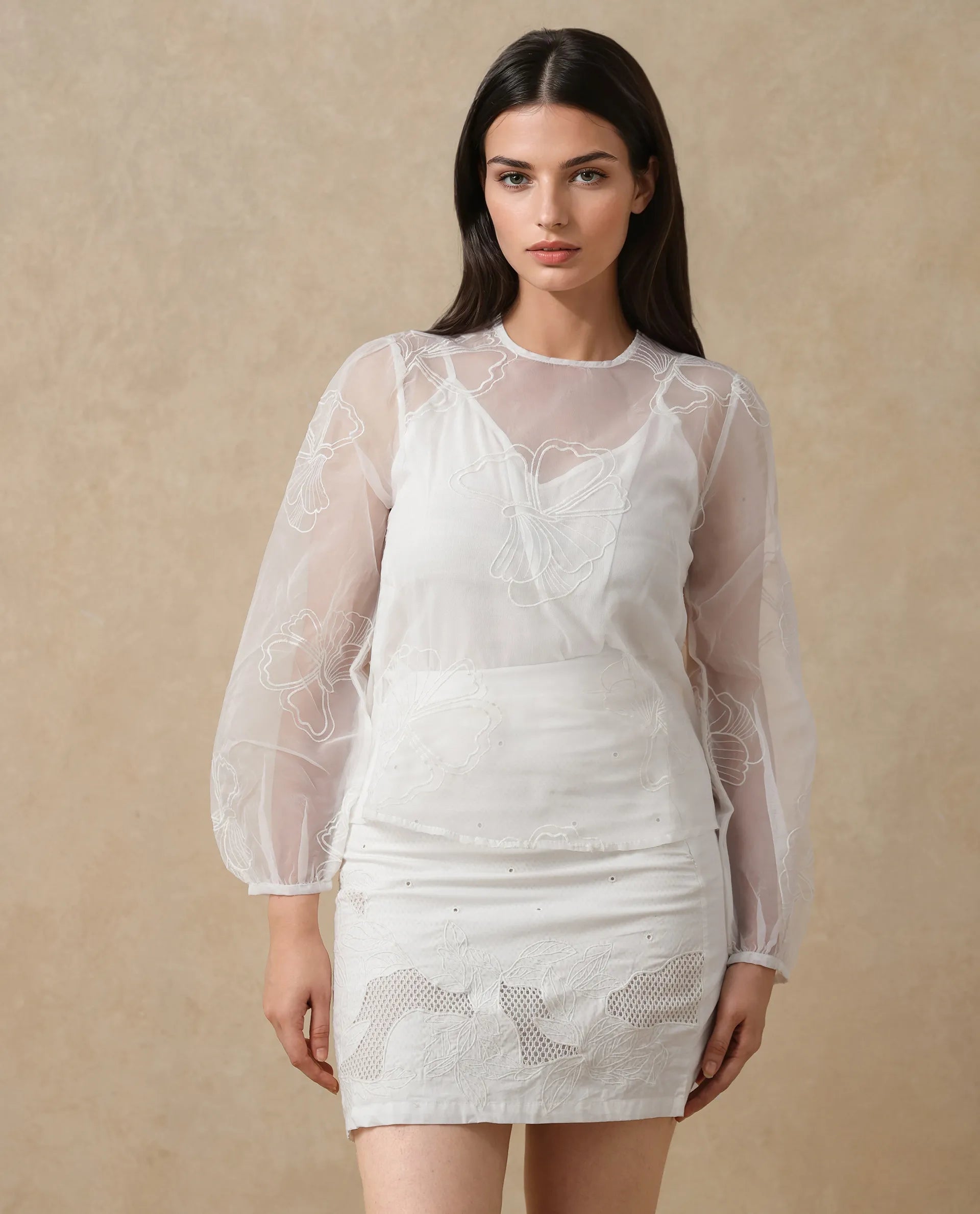 Rareism Women's Prevan White Polyester Round Neck Plain Bishop Sleeve Regular Fit Top