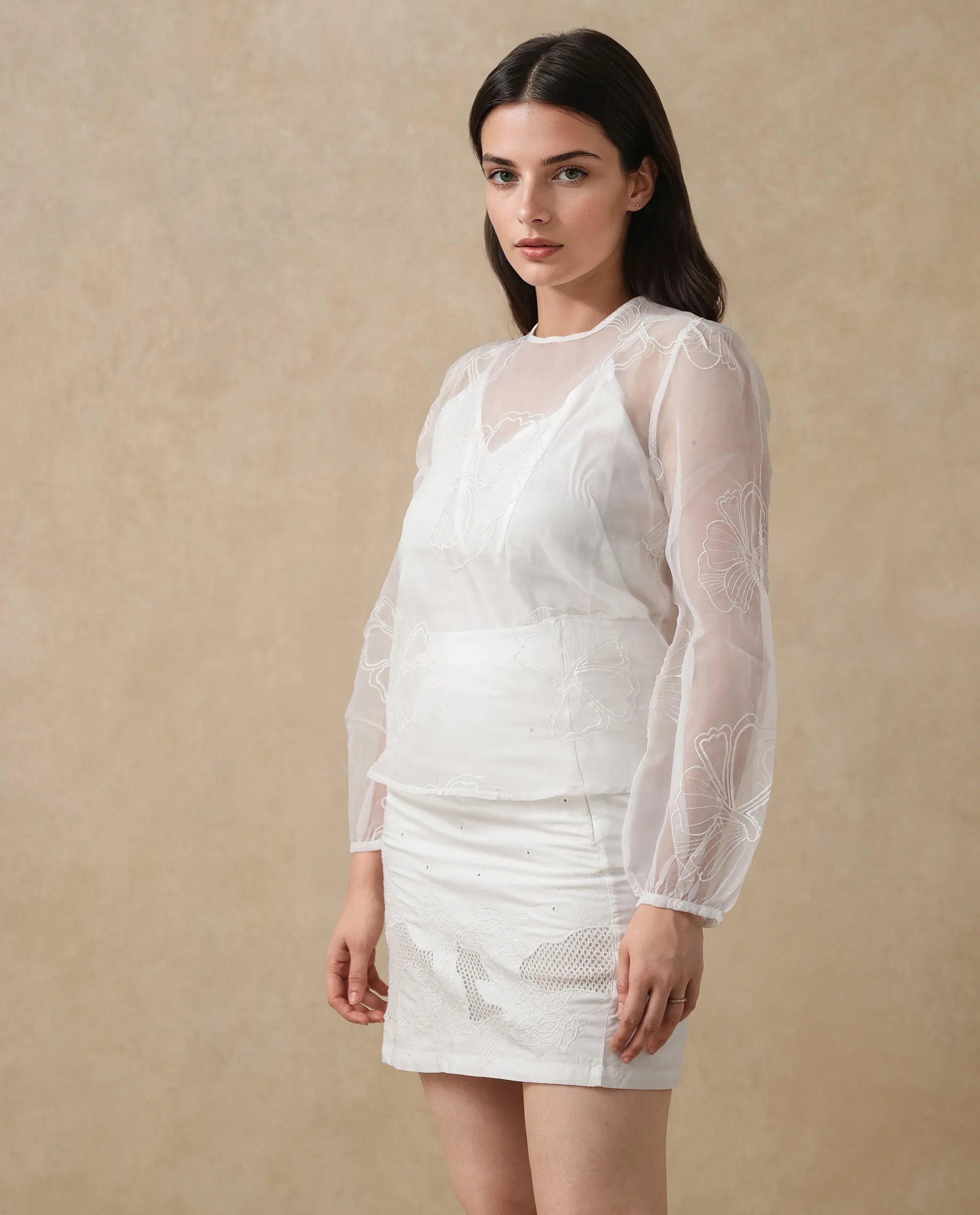 Rareism Women's Prevan White Polyester Round Neck Plain Bishop Sleeve Regular Fit Top