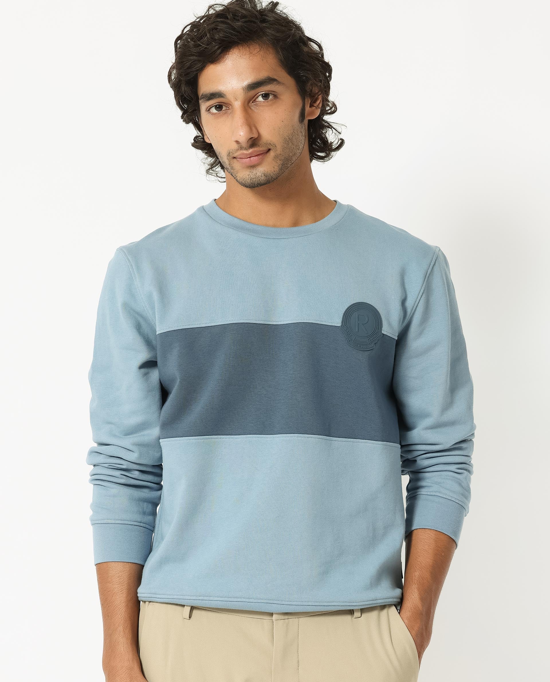 Rare Rabbit Men's Privett Blue Cotton Polyester Fabric Full Sleeves Cut And Sew Colorblocked Sweatshirt