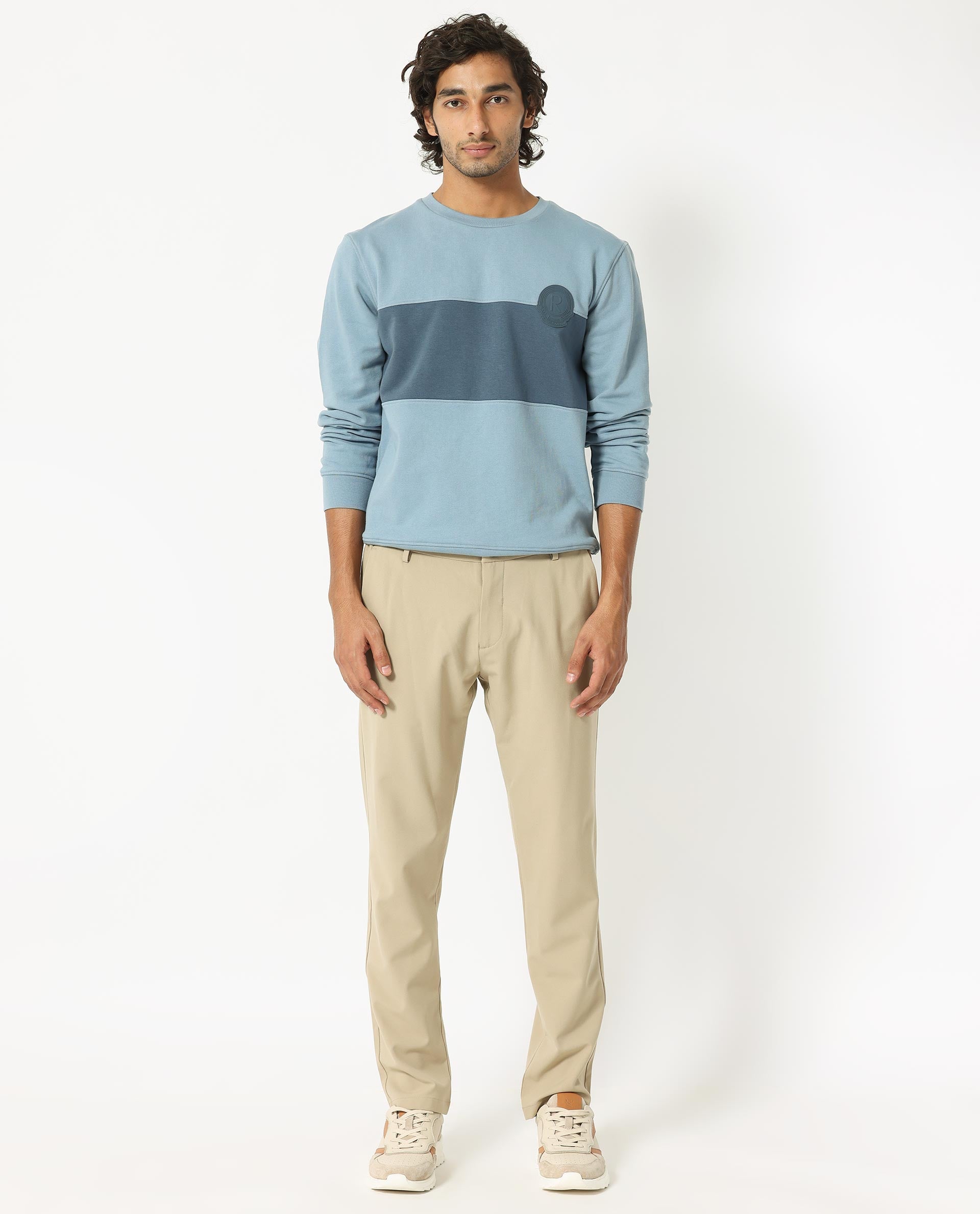 Rare Rabbit Men's Privett Blue Cotton Polyester Fabric Full Sleeves Cut And Sew Colorblocked Sweatshirt