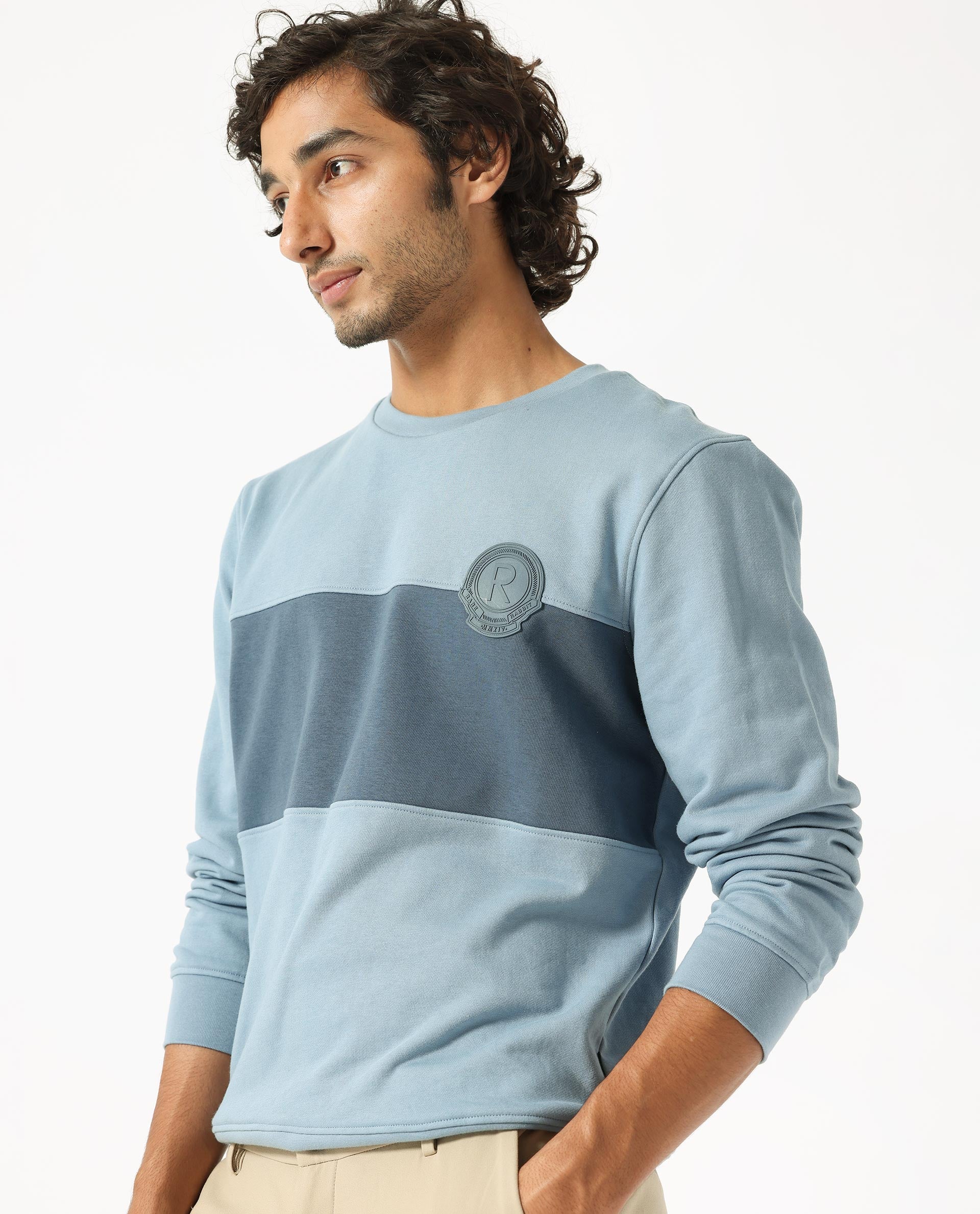 Rare Rabbit Men's Privett Blue Cotton Polyester Fabric Full Sleeves Cut And Sew Colorblocked Sweatshirt