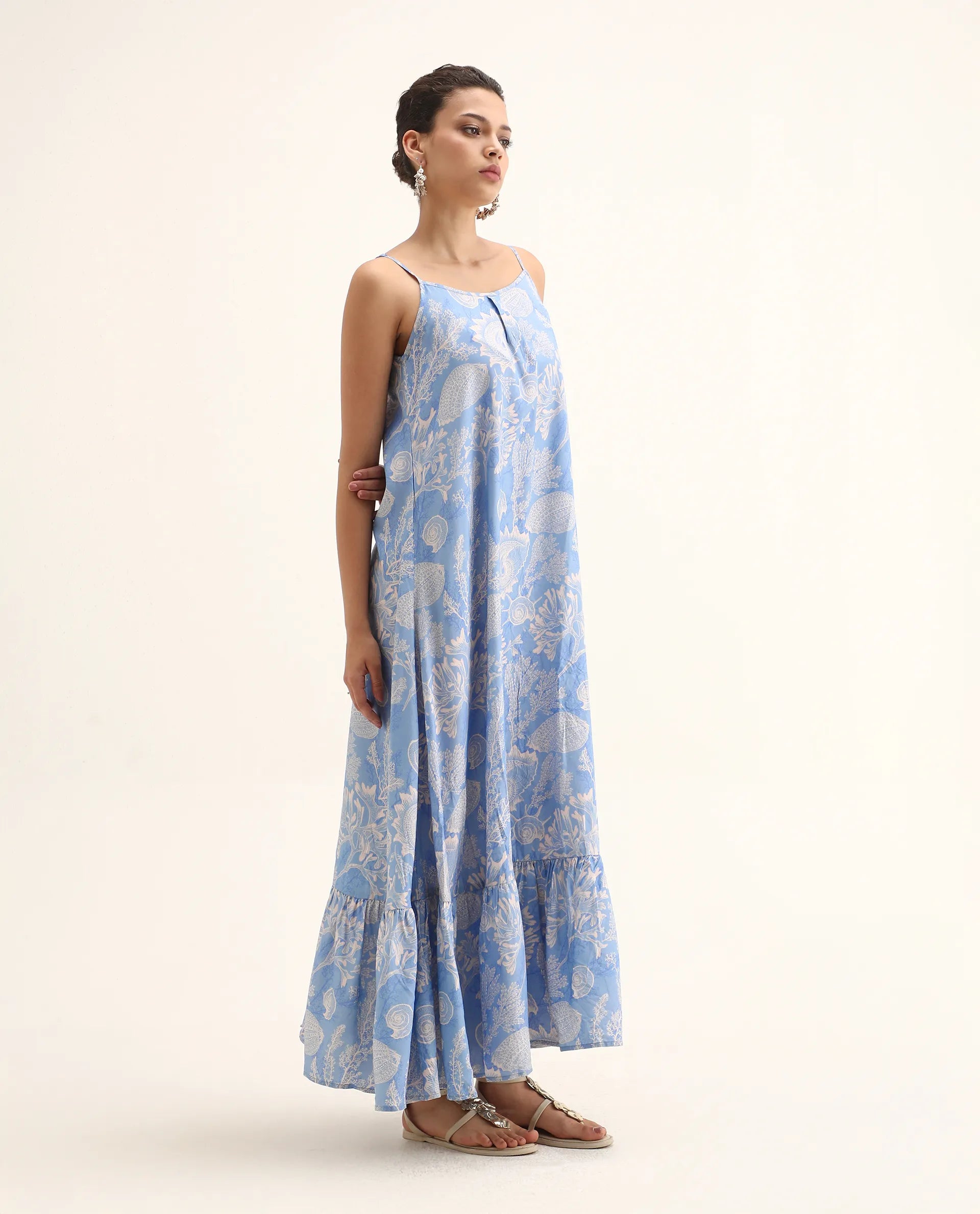 Rareism Women's Prevus Blue Viscose Shoulder Strap Abstract Print Sleeveless Maxi Flared Dress