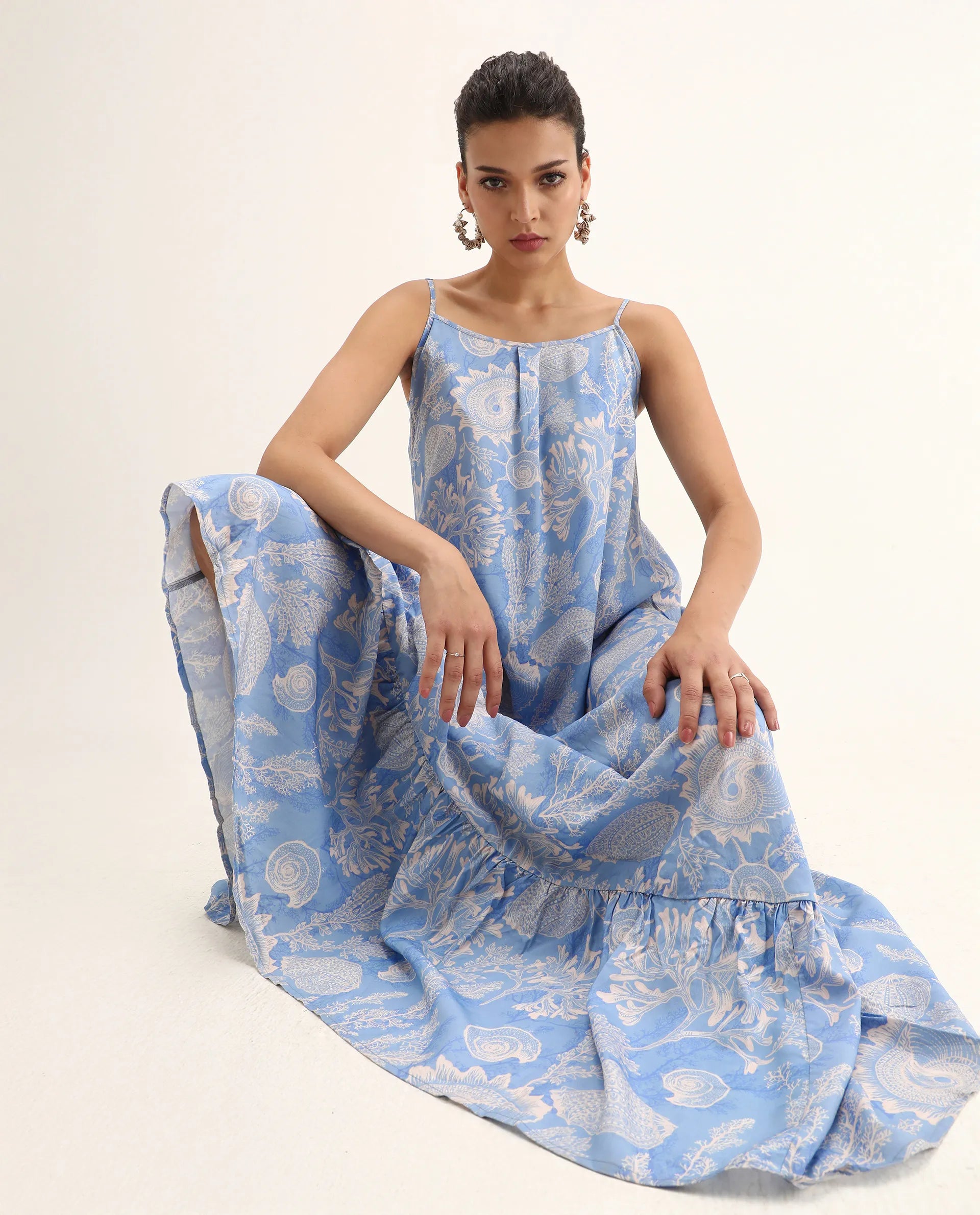 Rareism Women's Prevus Blue Viscose Shoulder Strap Abstract Print Sleeveless Maxi Flared Dress