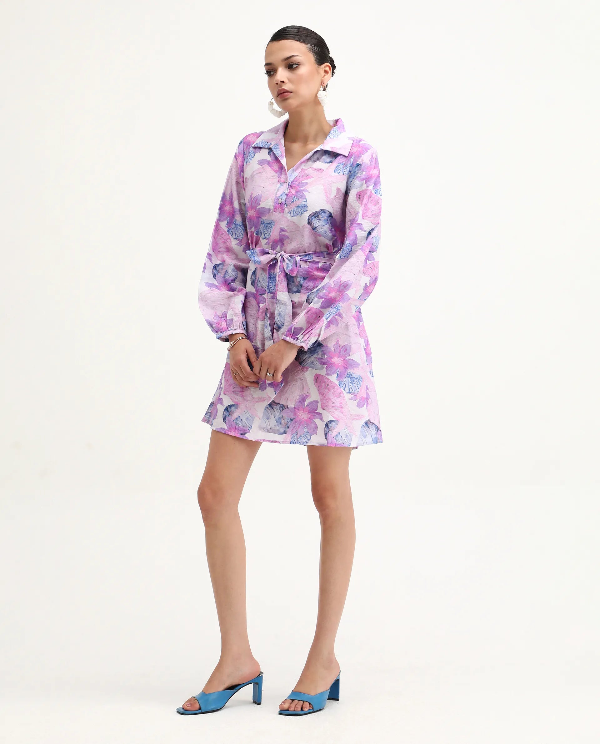 Rareism Women's Prewern Multi Viscose Blend Spread Collar Floral Print Bishop Sleeve Mini A-Line Dress