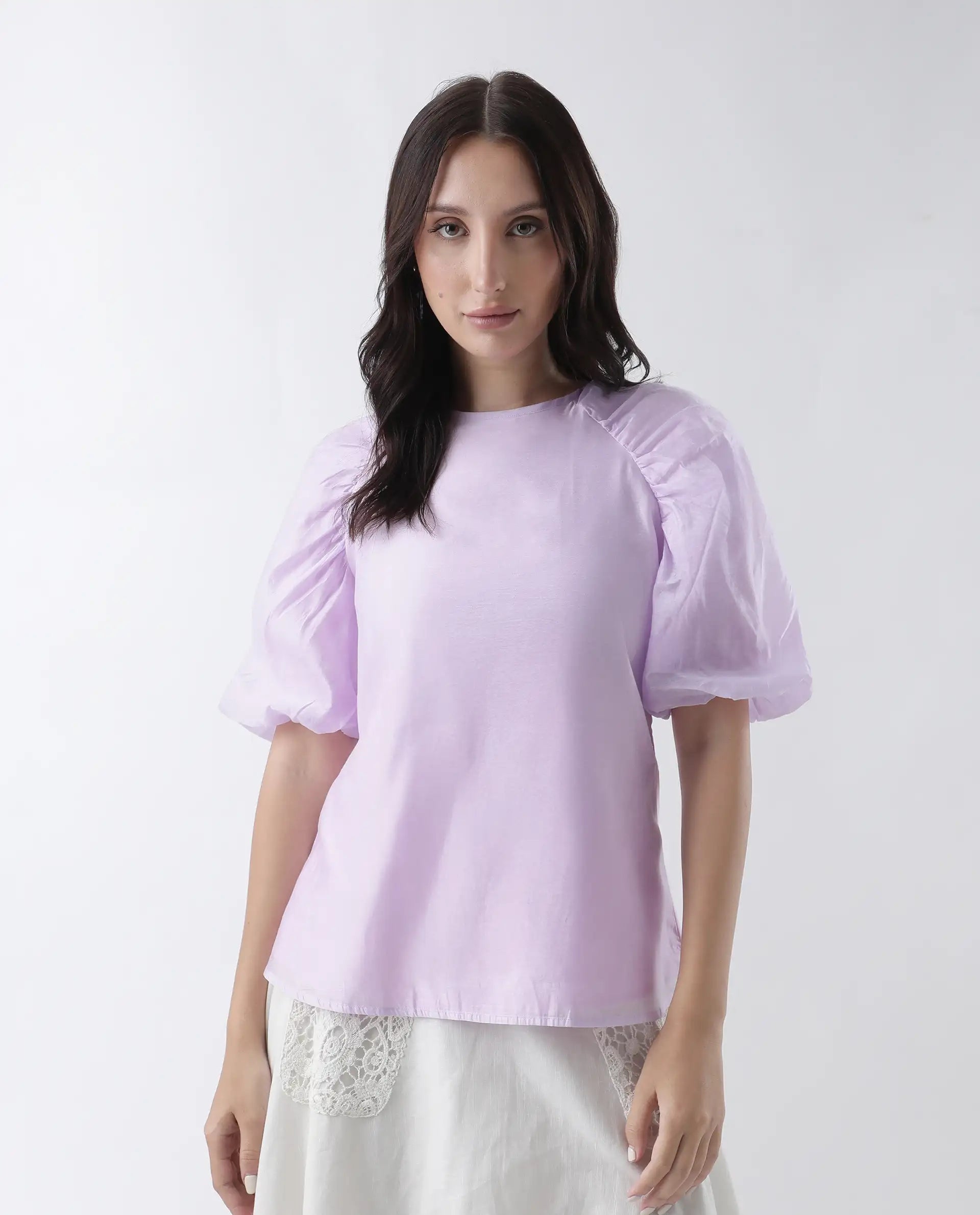 Rareism Women's Prexner Purple Viscose Blend Crew Neck Plain Balloon Sleeve Regular Fit Top