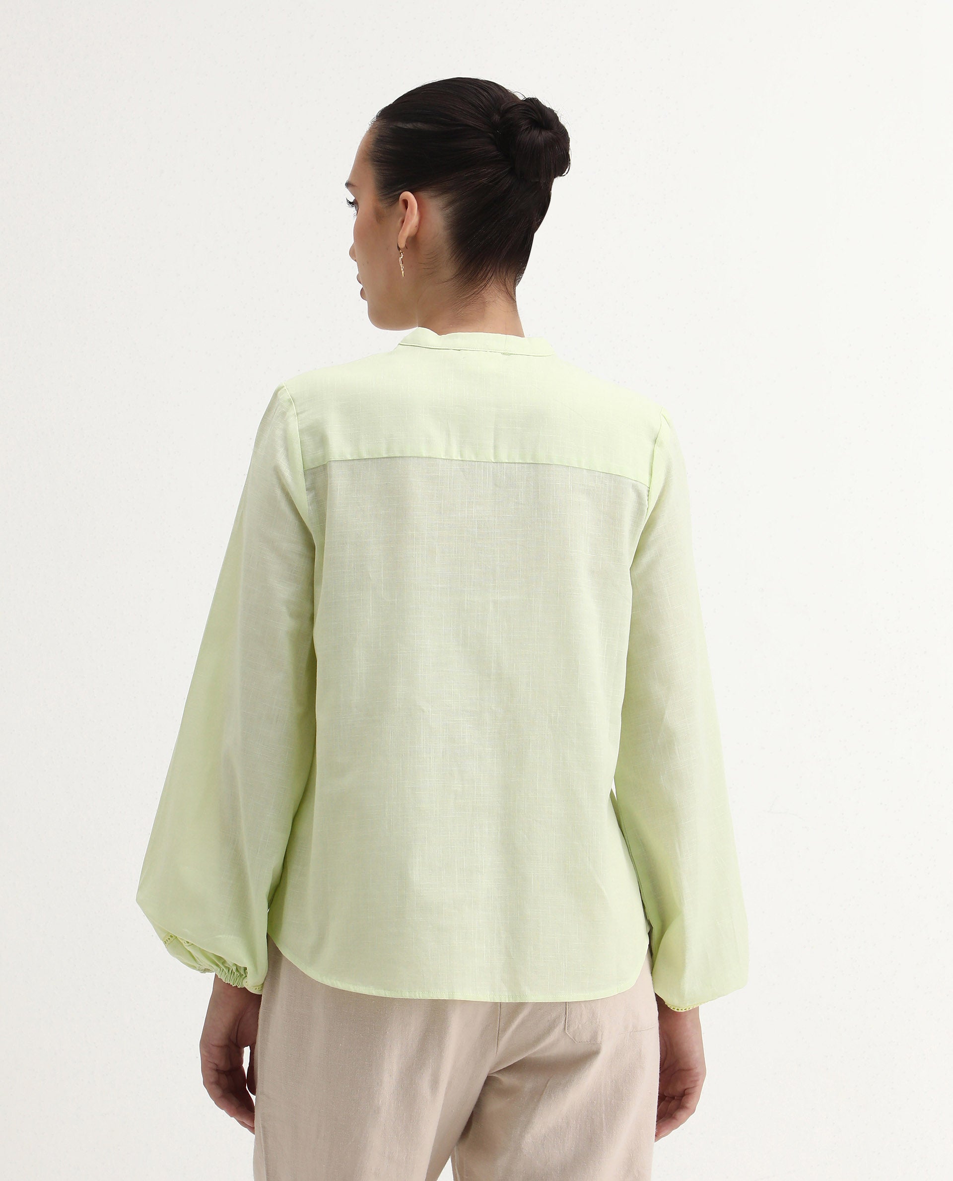 Rareism Women's Preyay Green Cotton Ruffled Neck Plain Bishop Sleeve Regular Fit Shirt