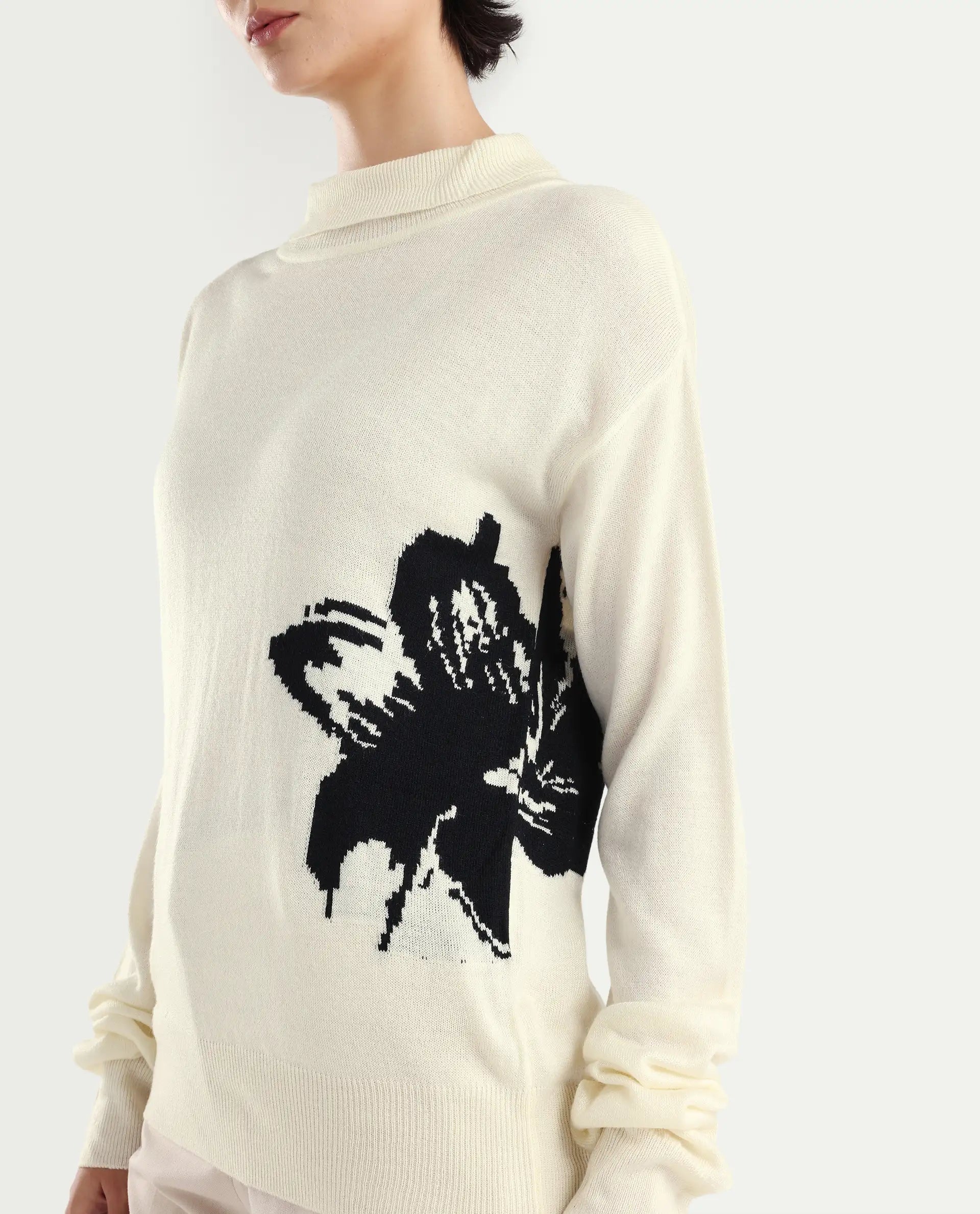 Rareism Women's Priana Off White Acrylic Turtle Neck Floral Print Relaxed Fit Sweater