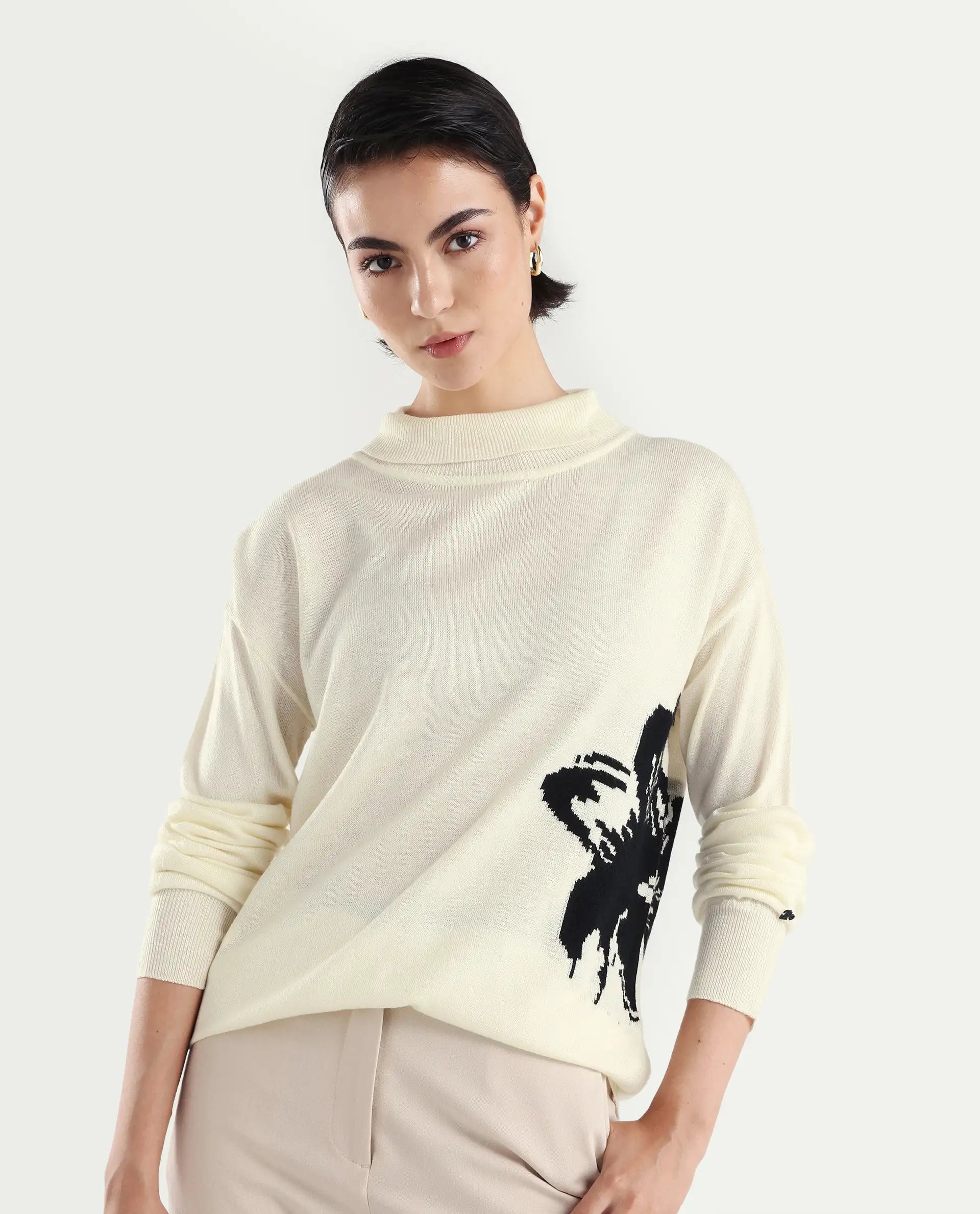 Rareism Women's Priana Off White Acrylic Turtle Neck Floral Print Relaxed Fit Sweater