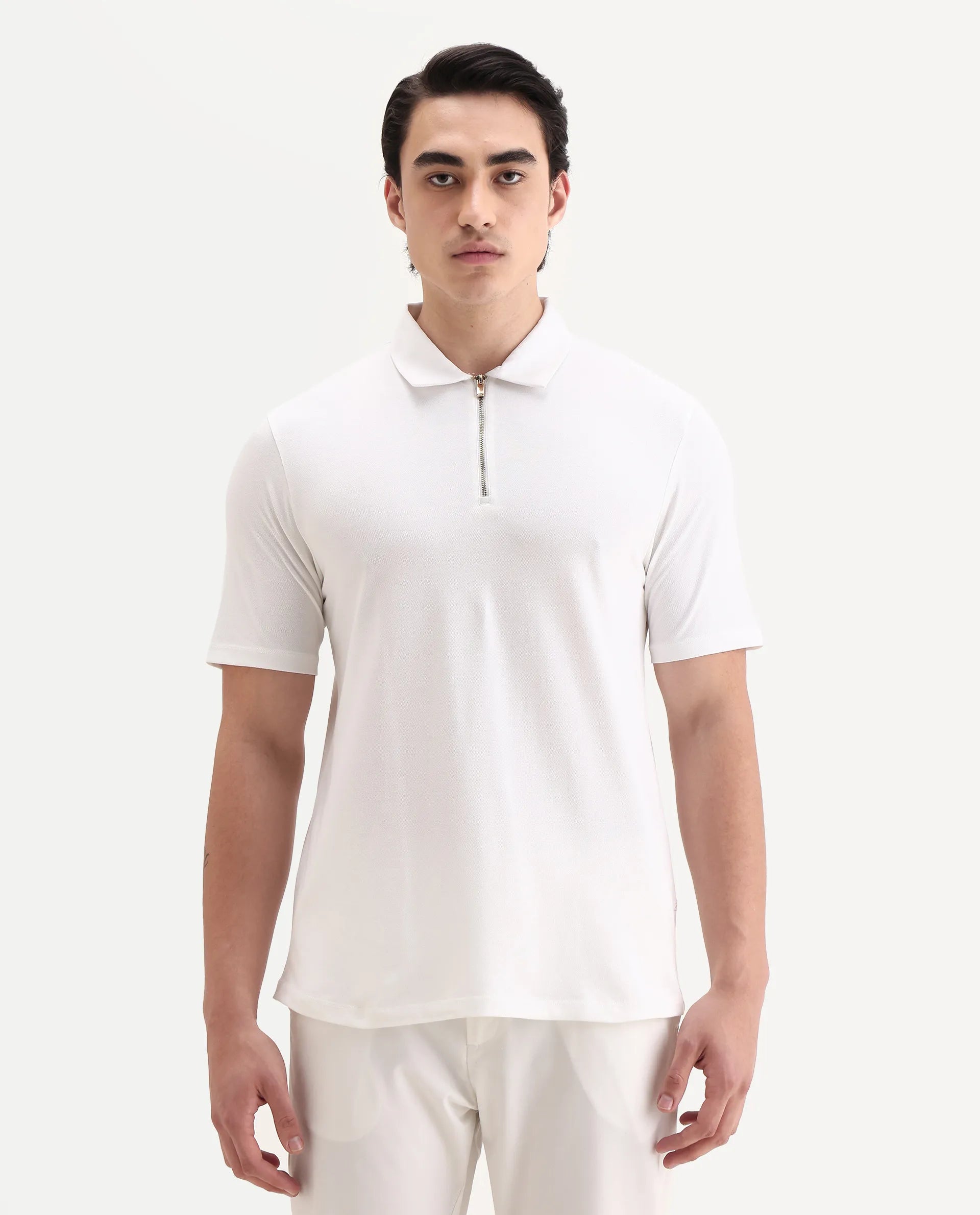 Rare Rabbit Men's Guild Casual Prin 1 White Cotton Blend Plain Regular Fit Half Sleeve Polo