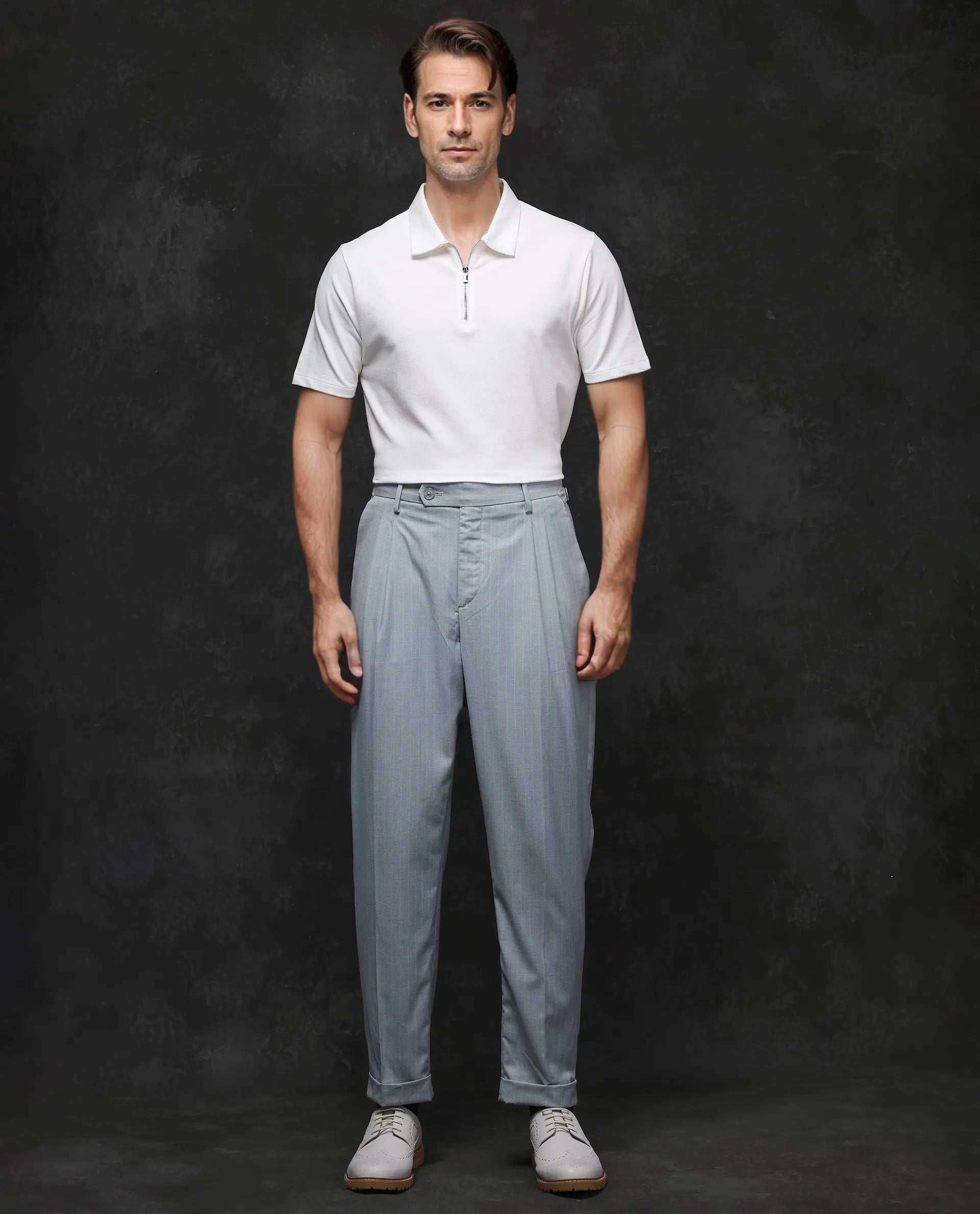 Rare Rabbit Men's Prin-2 White Cotton Lycra Fabric Short Sleeve Collared Neck Zipper Closure Plain Polo