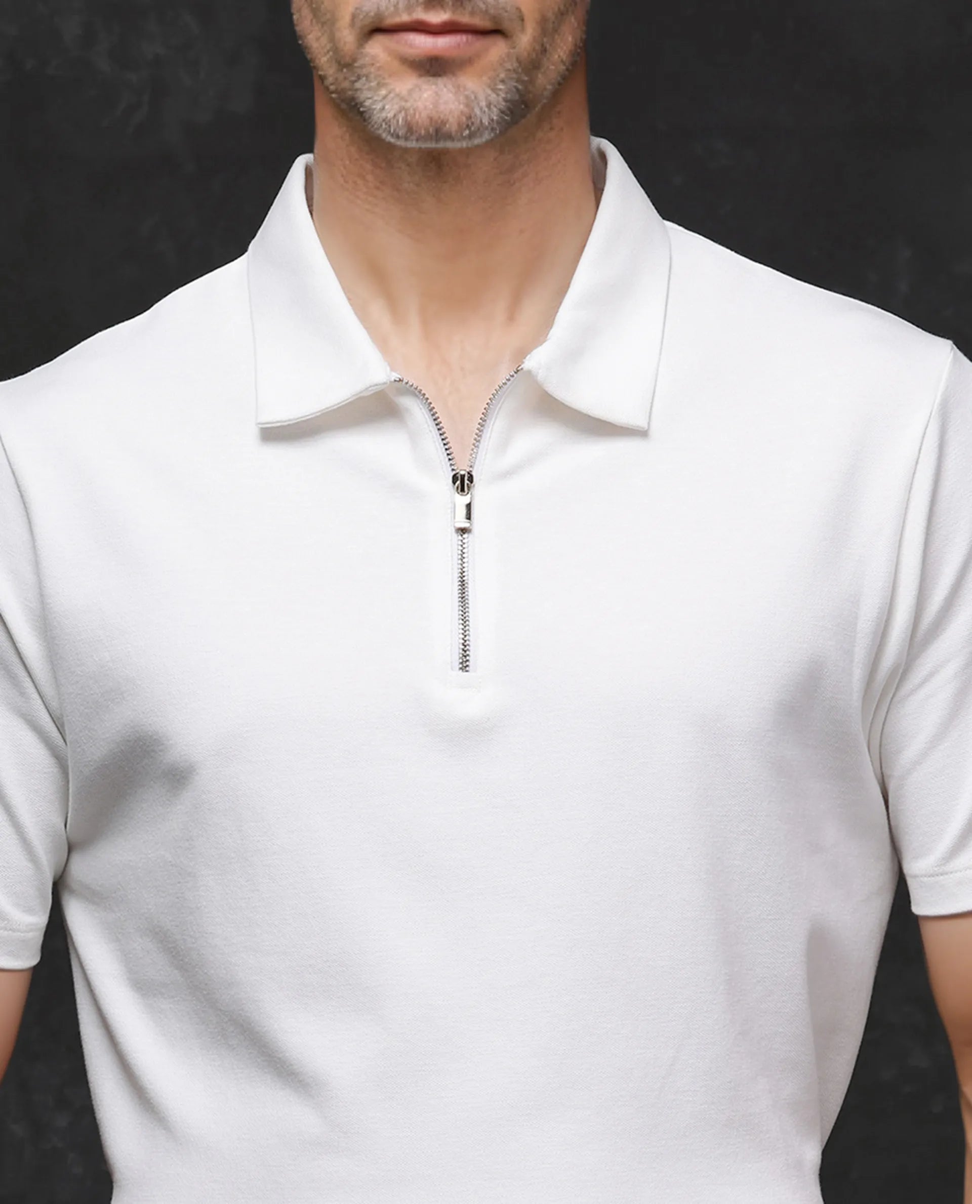 Rare Rabbit Men's Prin-2 White Cotton Lycra Fabric Short Sleeve Collared Neck Zipper Closure Plain Polo