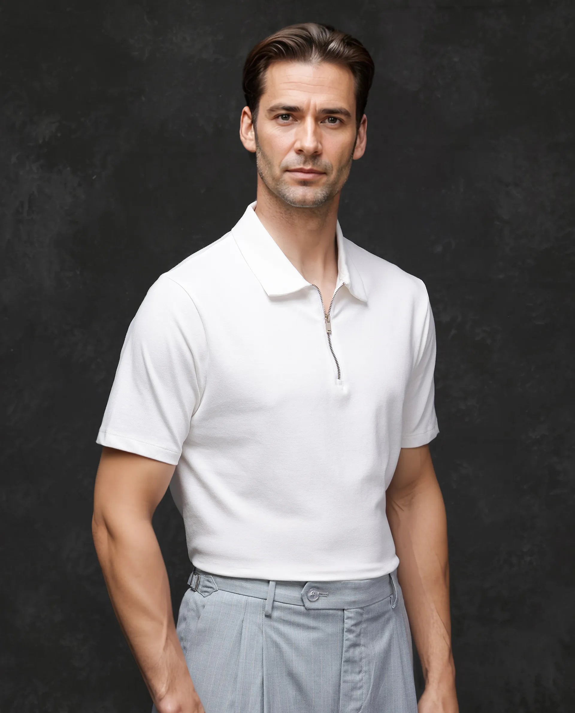 Rare Rabbit Men's Prin-2 White Cotton Lycra Fabric Short Sleeve Collared Neck Zipper Closure Plain Polo