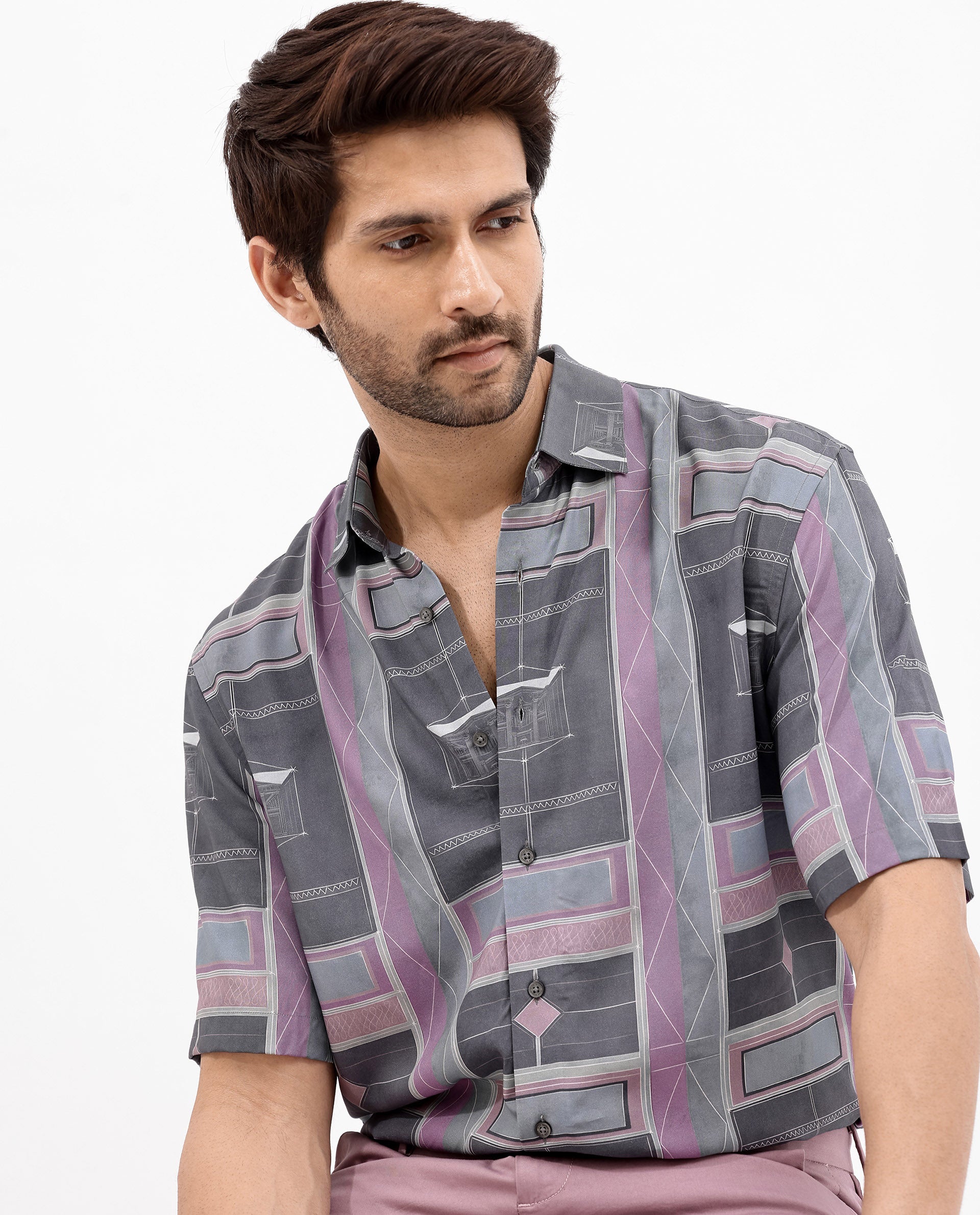 Rare Rabbit Men's Pristom Grey Viscose Fabric Short Sleeve Regular Fit Geometric Print Shirt