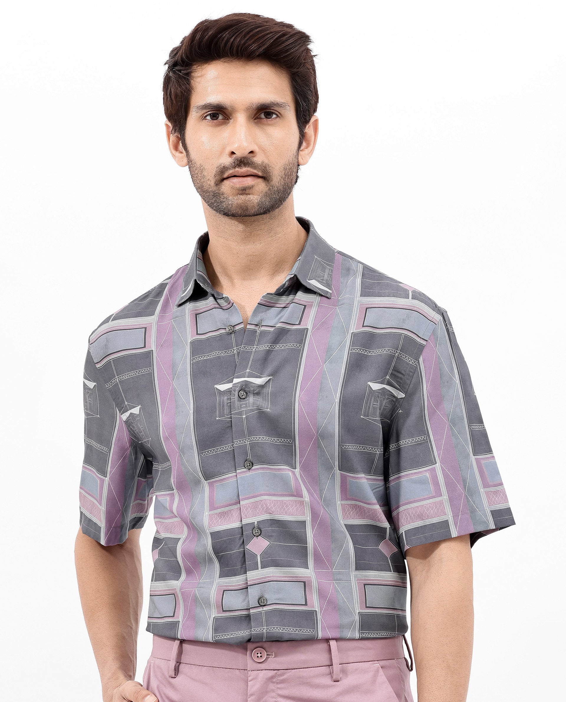 Rare Rabbit Men's Pristom Grey Viscose Fabric Short Sleeve Regular Fit Geometric Print Shirt
