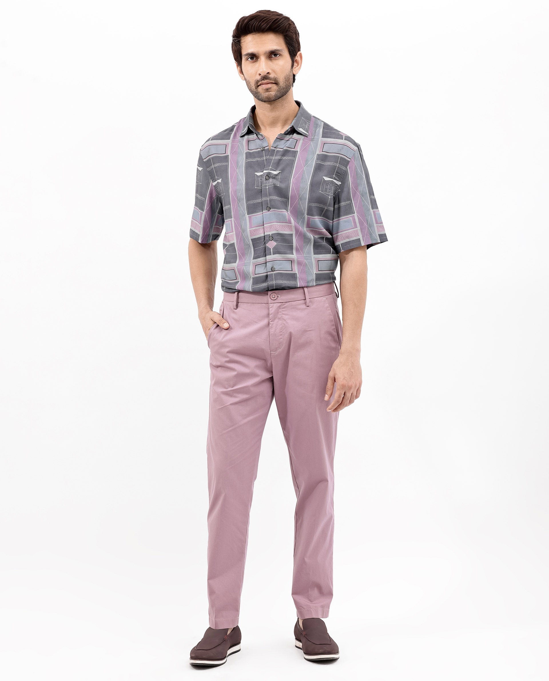 Rare Rabbit Men's Pristom Grey Viscose Fabric Short Sleeve Regular Fit Geometric Print Shirt