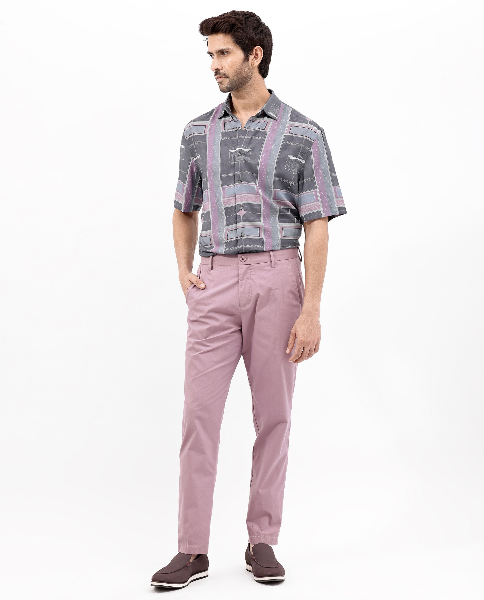 Rare Rabbit Men's Pristom Grey Viscose Fabric Short Sleeve Regular Fit Geometric Print Shirt