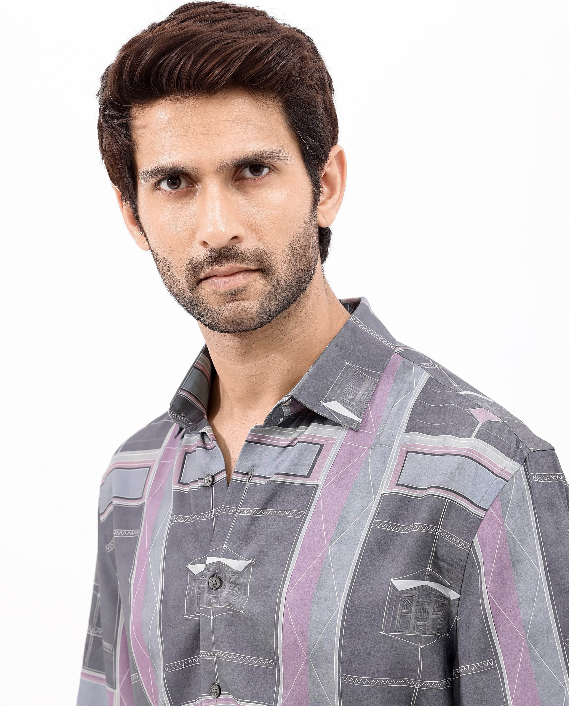 Rare Rabbit Men's Pristom Grey Viscose Fabric Short Sleeve Regular Fit Geometric Print Shirt