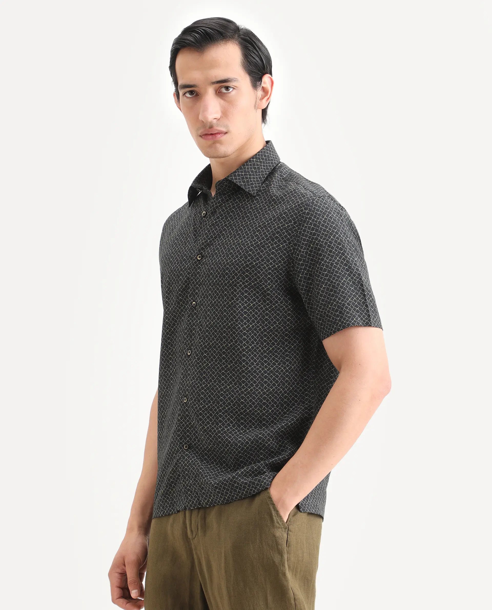 Rare Rabbit Men's Prit-Ss Black Viscose Fabric Half Sleeve Spread Collar Regular Fit Geometric Print Shirt