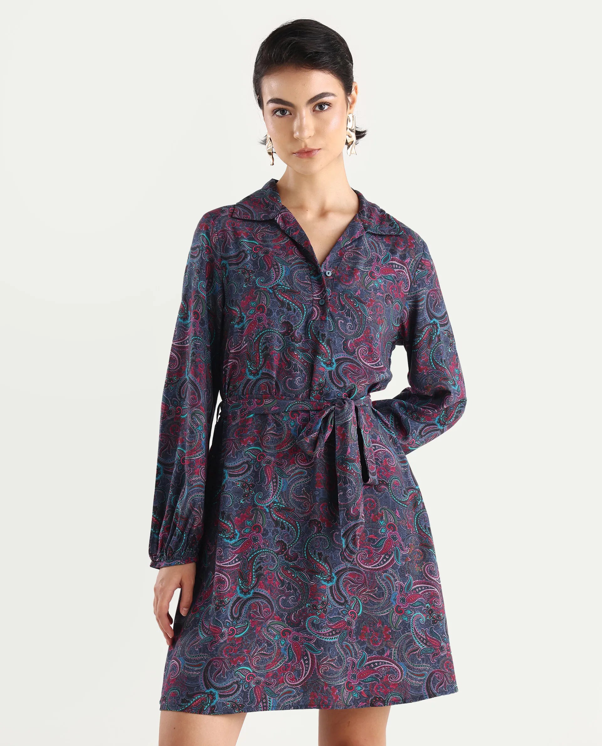 Rareism Women's Pronat Multi Viscose Drop Collar Paisley Print Bishop Sleeve Mini Fit And Flare Dress