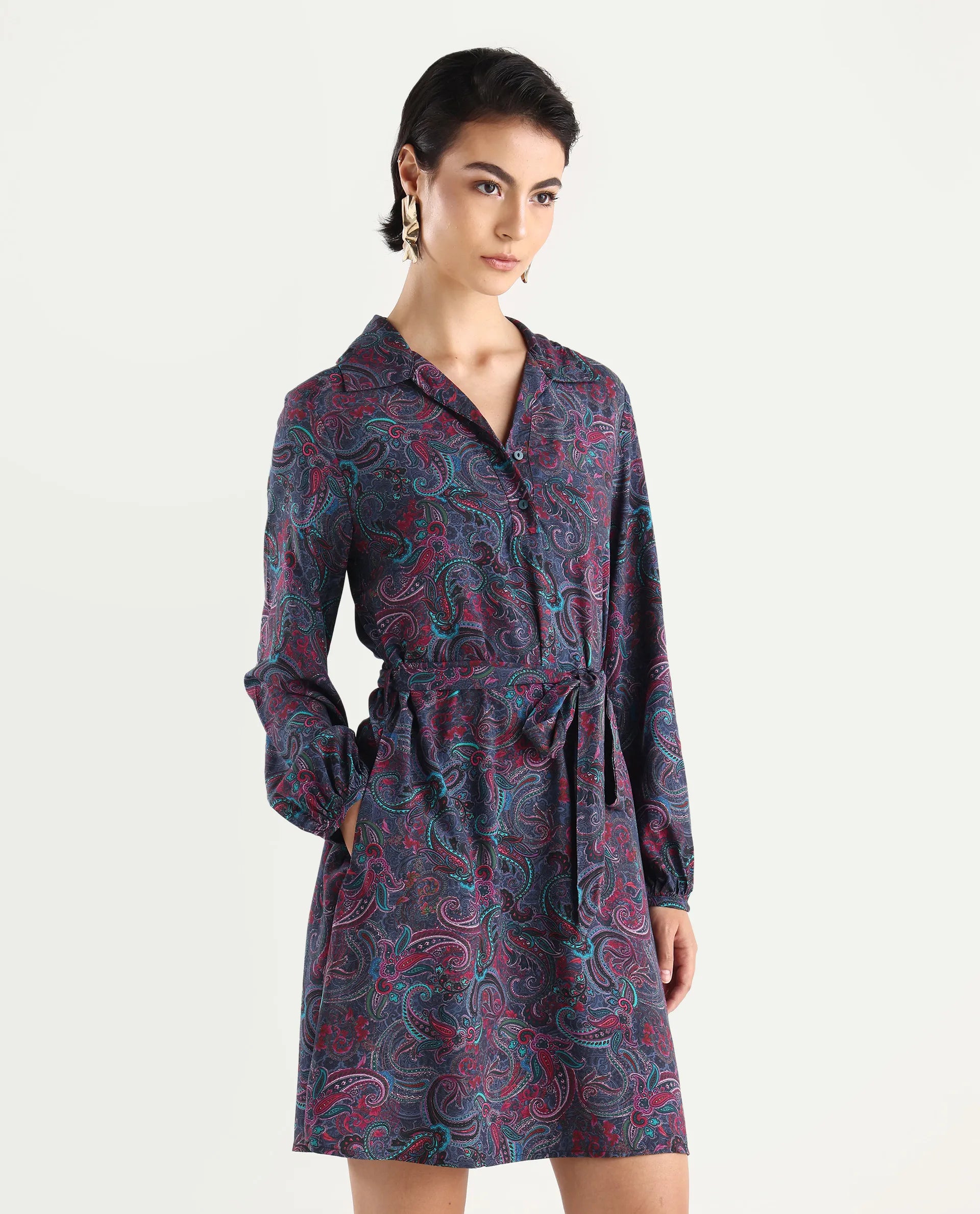 Rareism Women's Pronat Multi Viscose Drop Collar Paisley Print Bishop Sleeve Mini Fit And Flare Dress