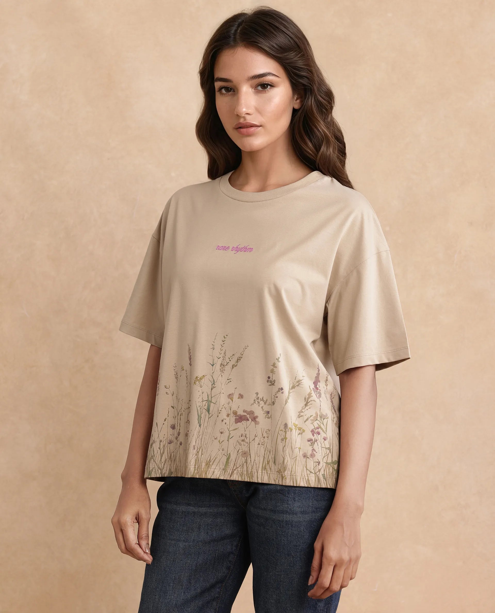 Rareism Women's Pront Beige Cotton Blend Crew Neck Floral Print Boxy Fit T-Shirt