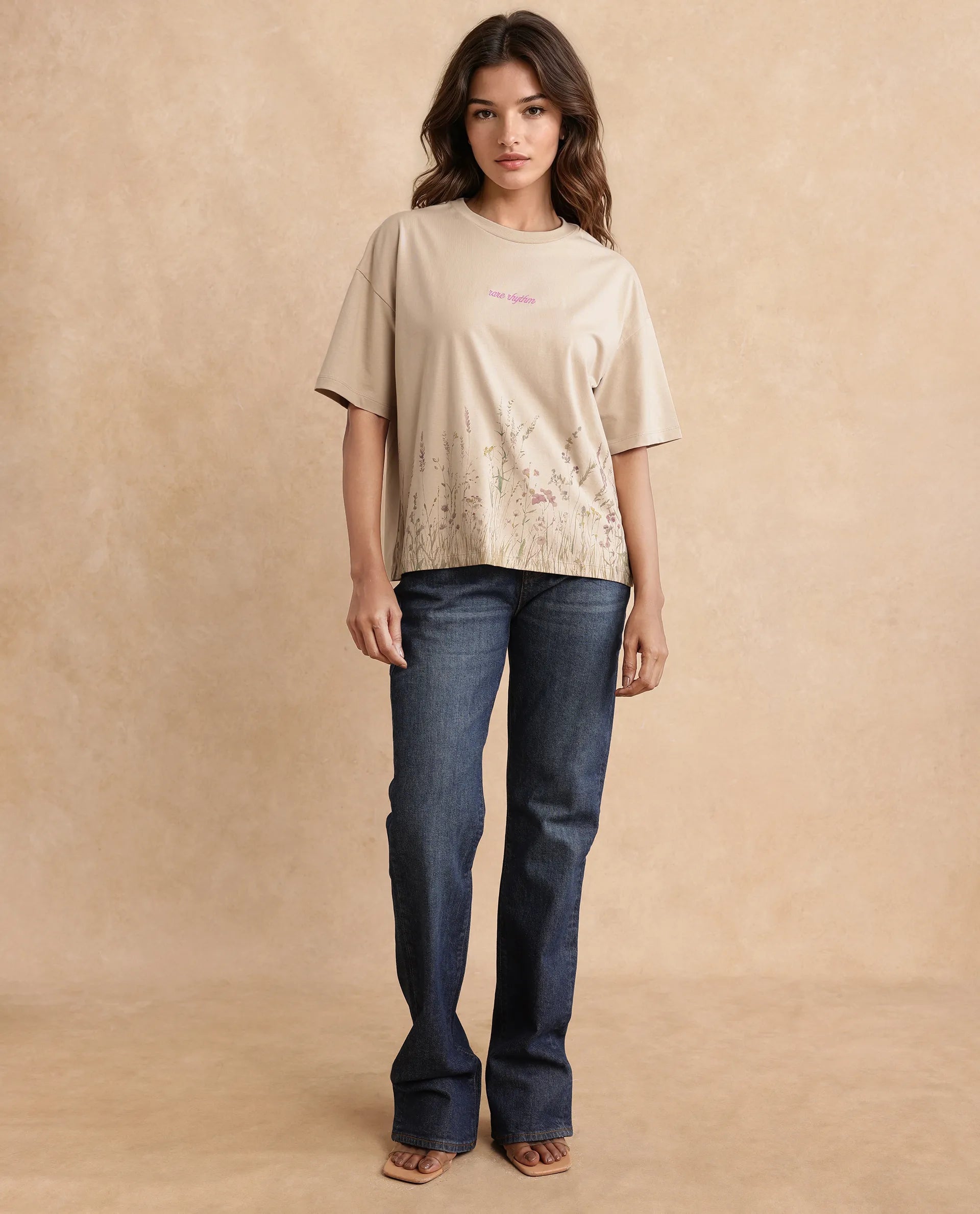 Rareism Women's Pront Beige Cotton Blend Crew Neck Floral Print Boxy Fit T-Shirt