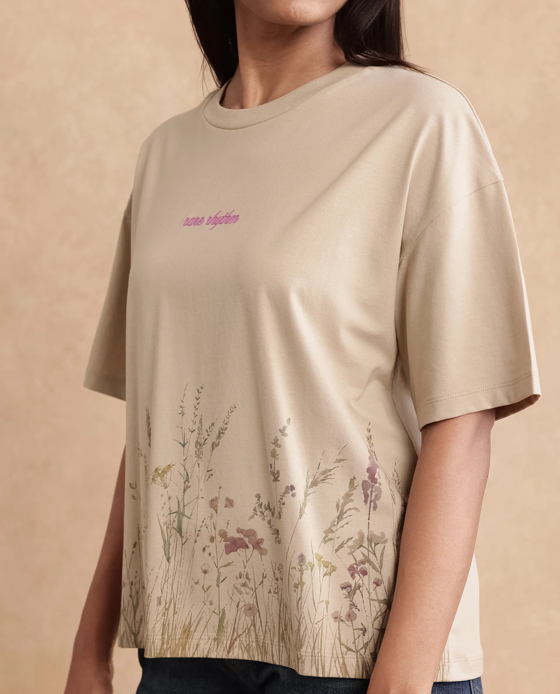 Rareism Women's Pront Beige Cotton Blend Crew Neck Floral Print Boxy Fit T-Shirt